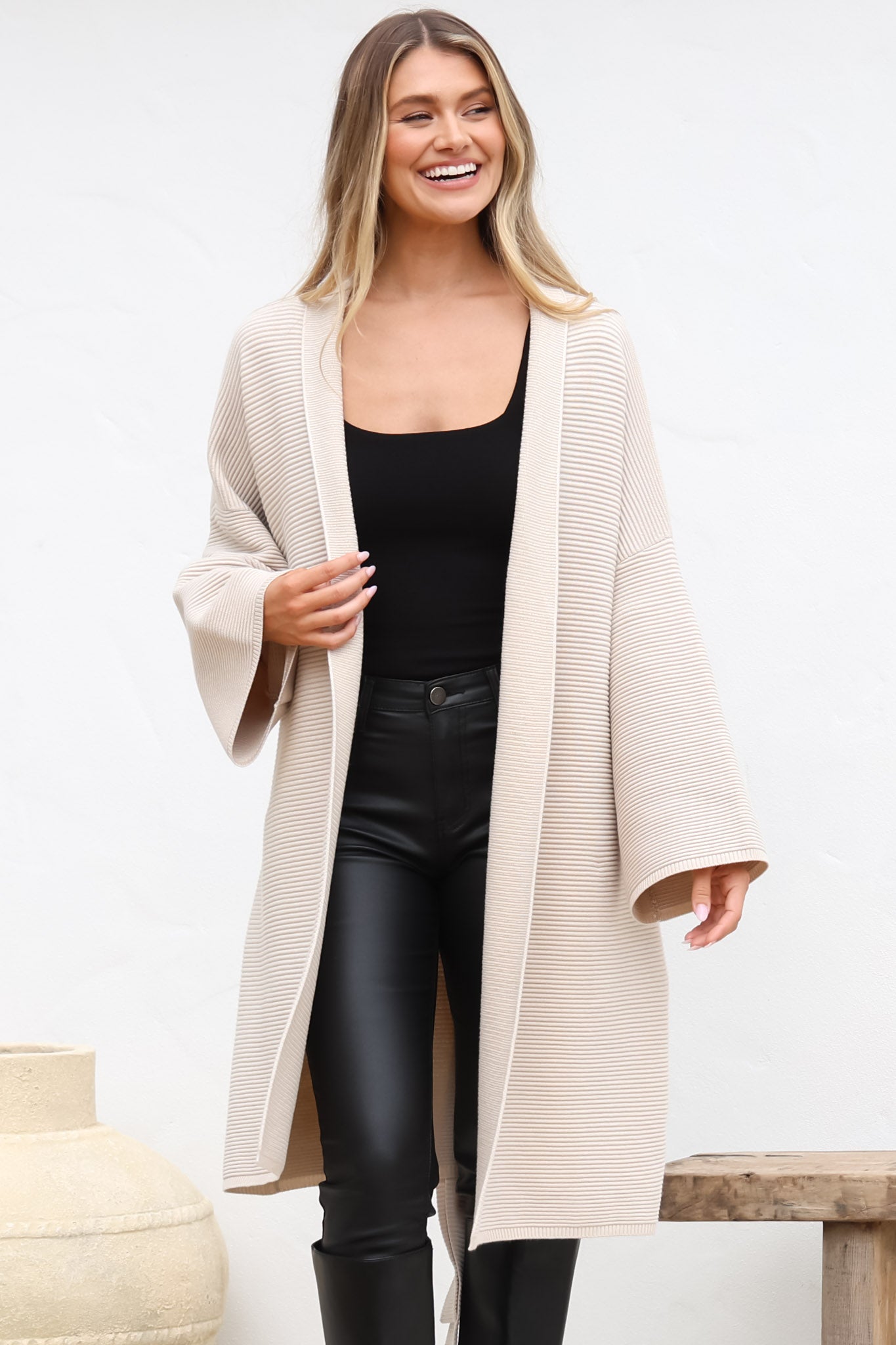 Navie Cardigan - Rolled Collar Ribbed Texture Cardigan with Waist Tie in Oat