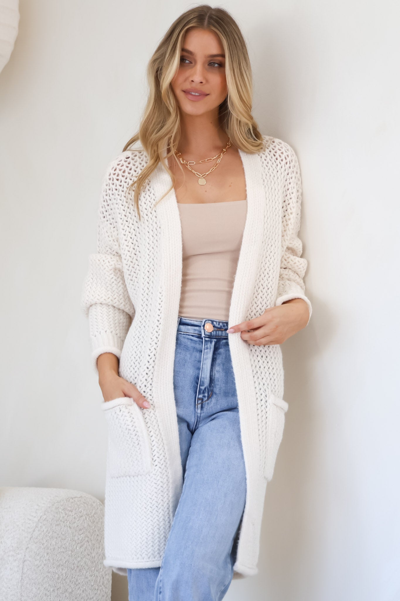Haven Cardigan - Open Front Long Knit Cardigan with Pockets in Cream