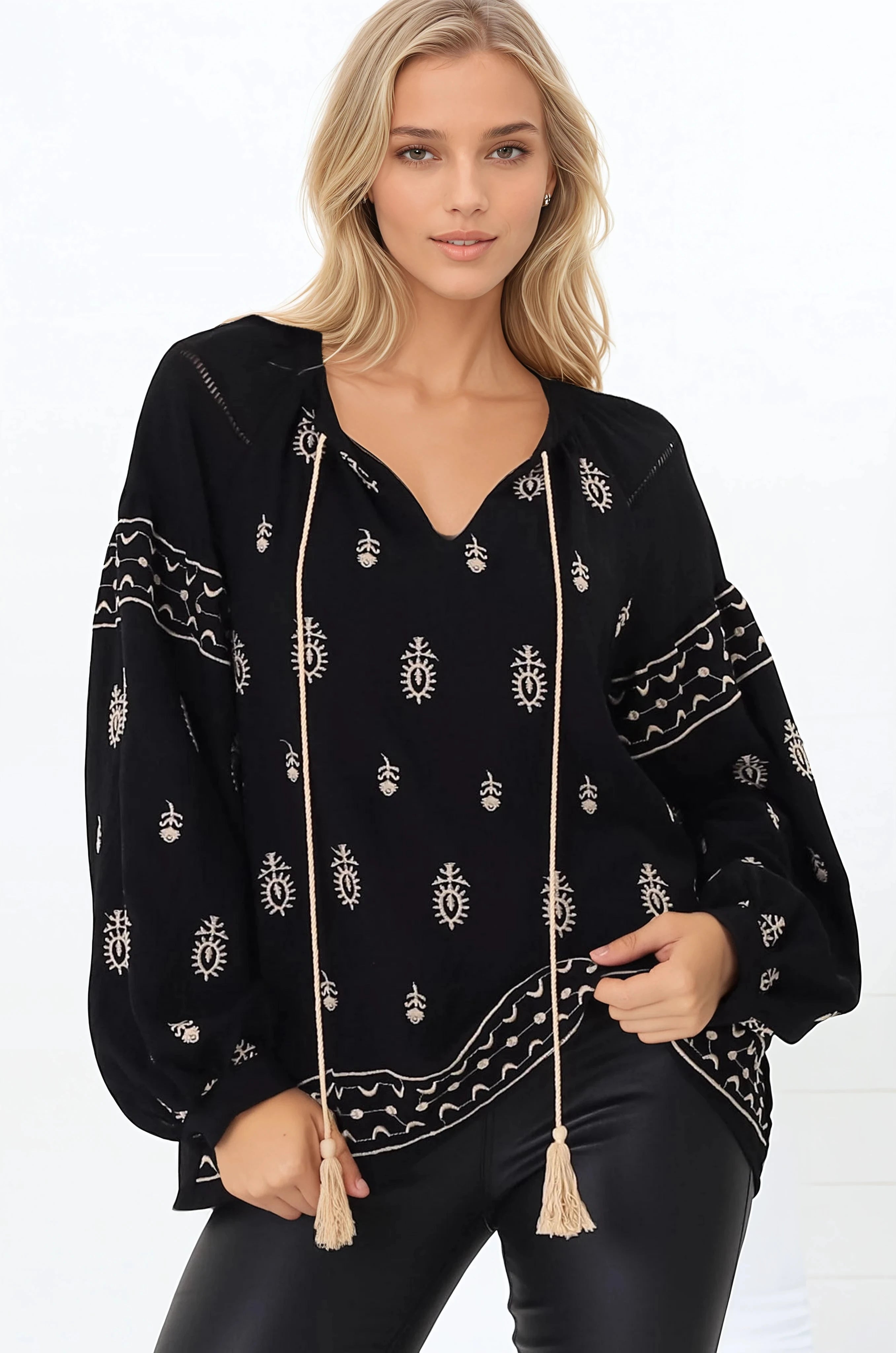 Wrenlow Blouse - Embroidery Mandarin Collar with Neck Tie Pull Over Blouse in Black