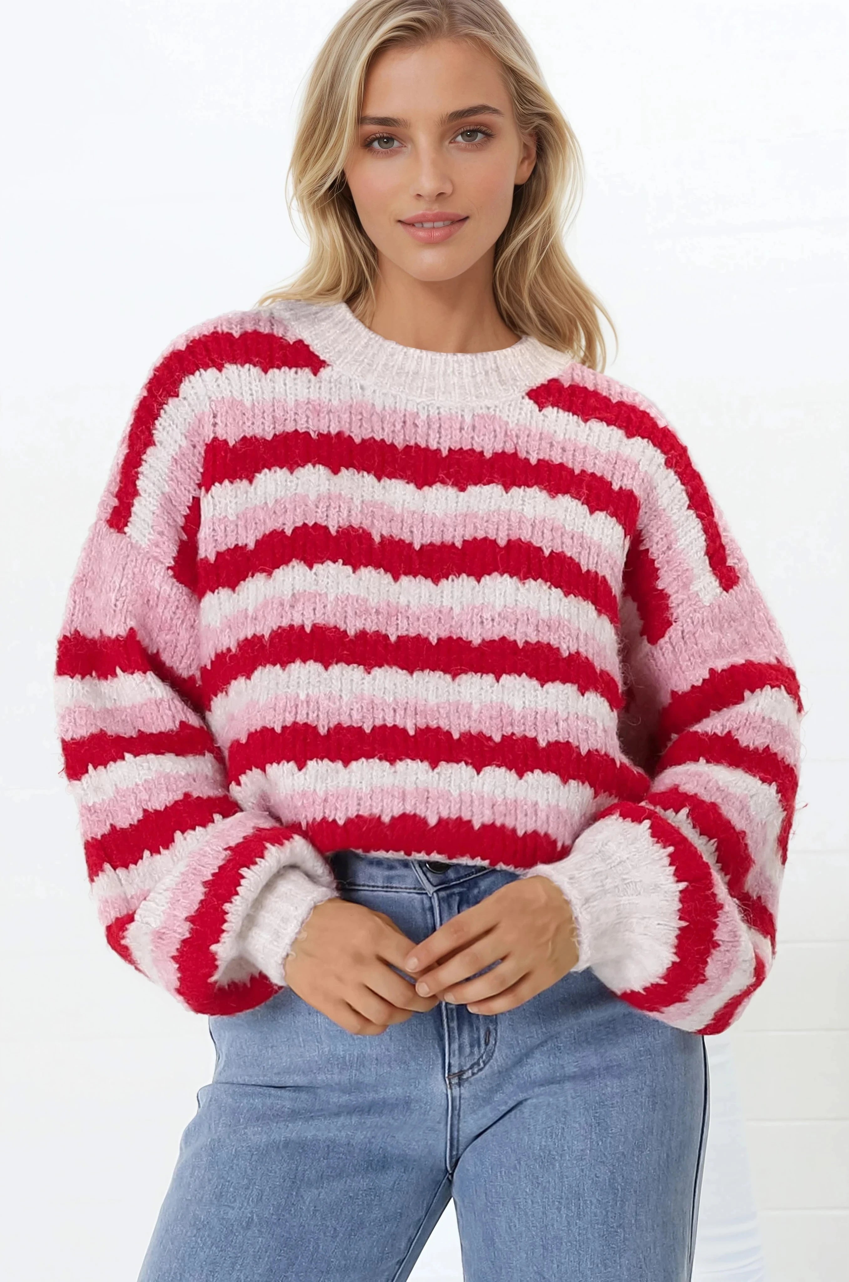 Hallie Jumper - Crew Neck Soft Knit Stripe Jumper in Red