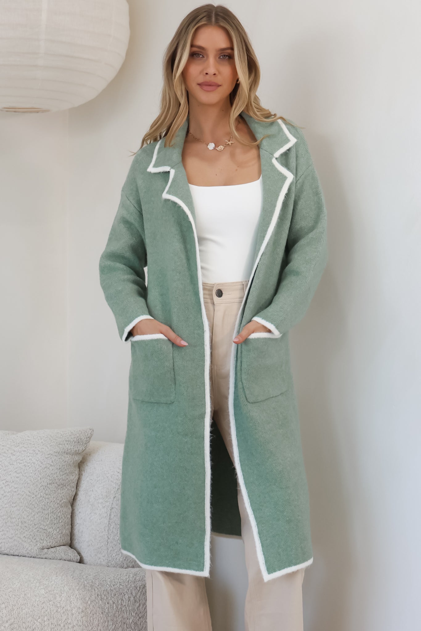 Boston Cardigan - Collared Contrast Hem Cardigan with Pockets in Green