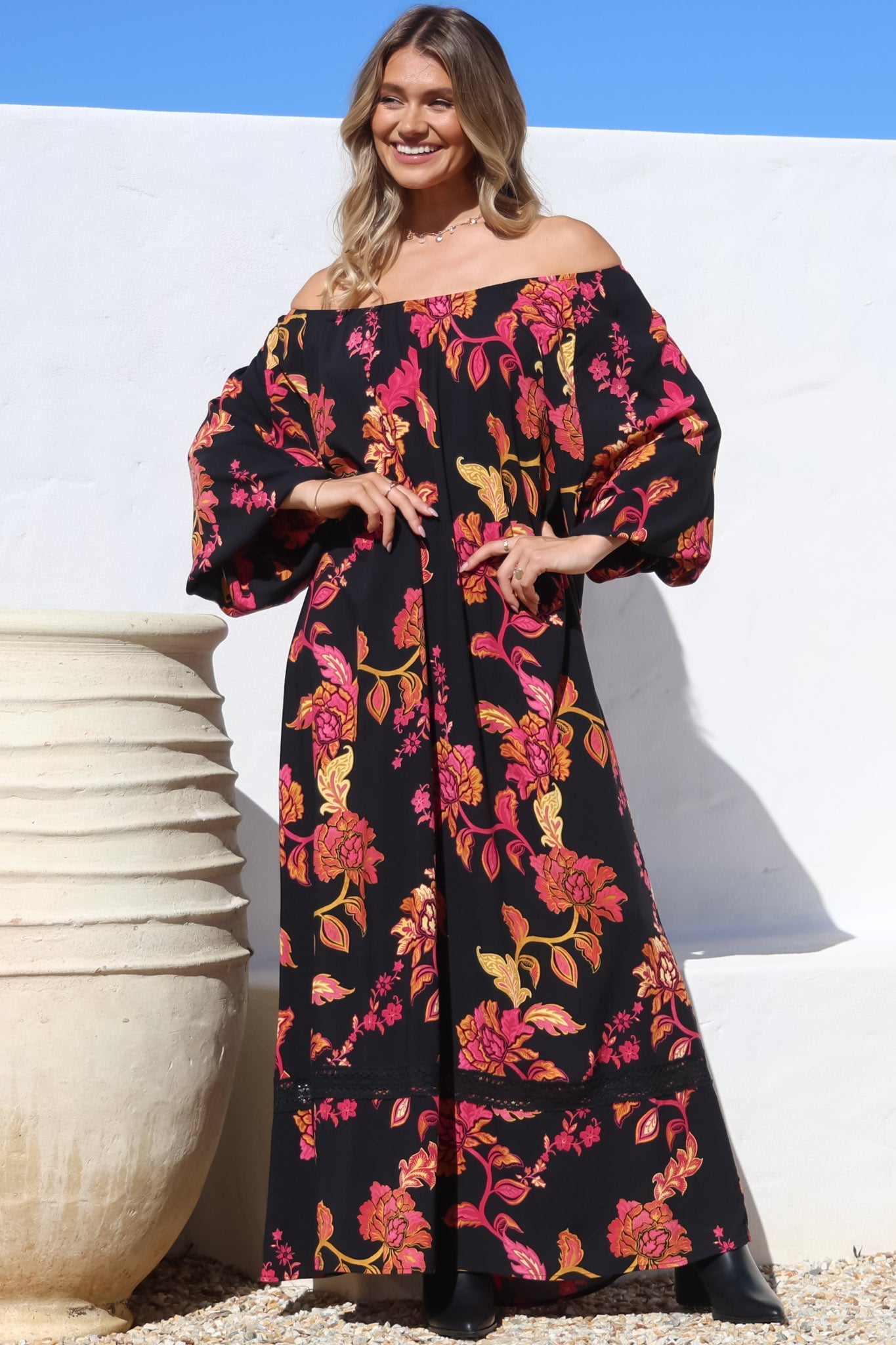 Tai Maxi Dress - On or Off Shoulder Dress with Matching Belt in Valerie Print