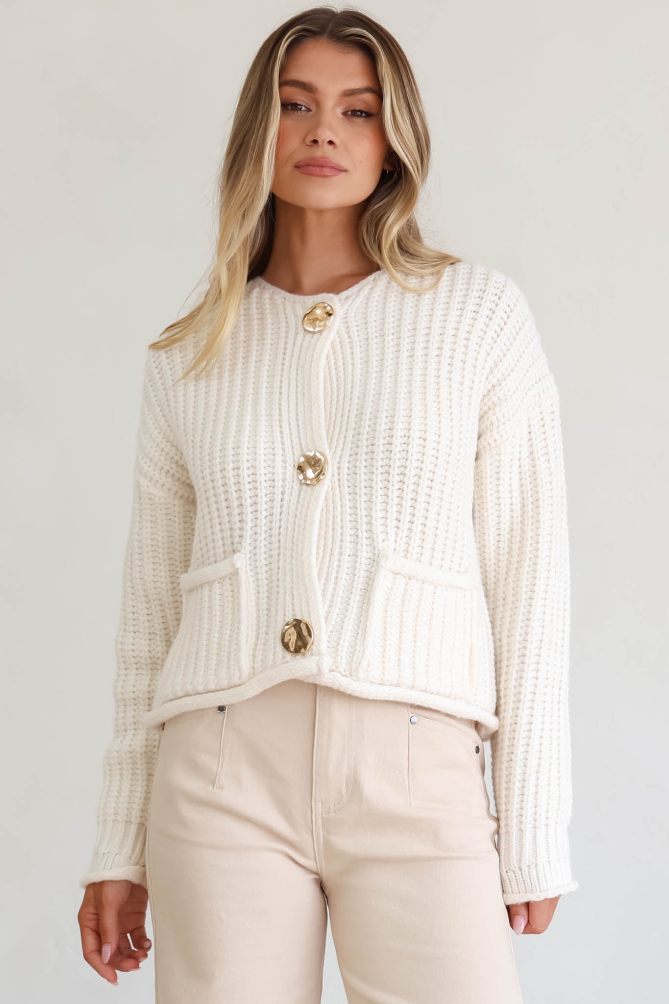 Clara Cardigan - Cable Knit Chunky Gold Buttoned Cardigan in Cream