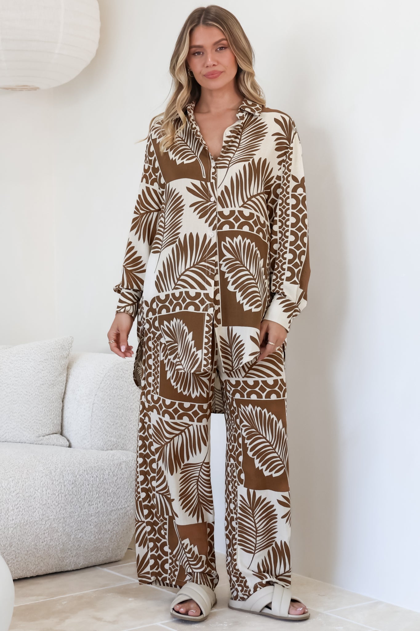 Sibelle Set - Collared Button Down Shirt and Pant Set in Sunny Print Coffee
