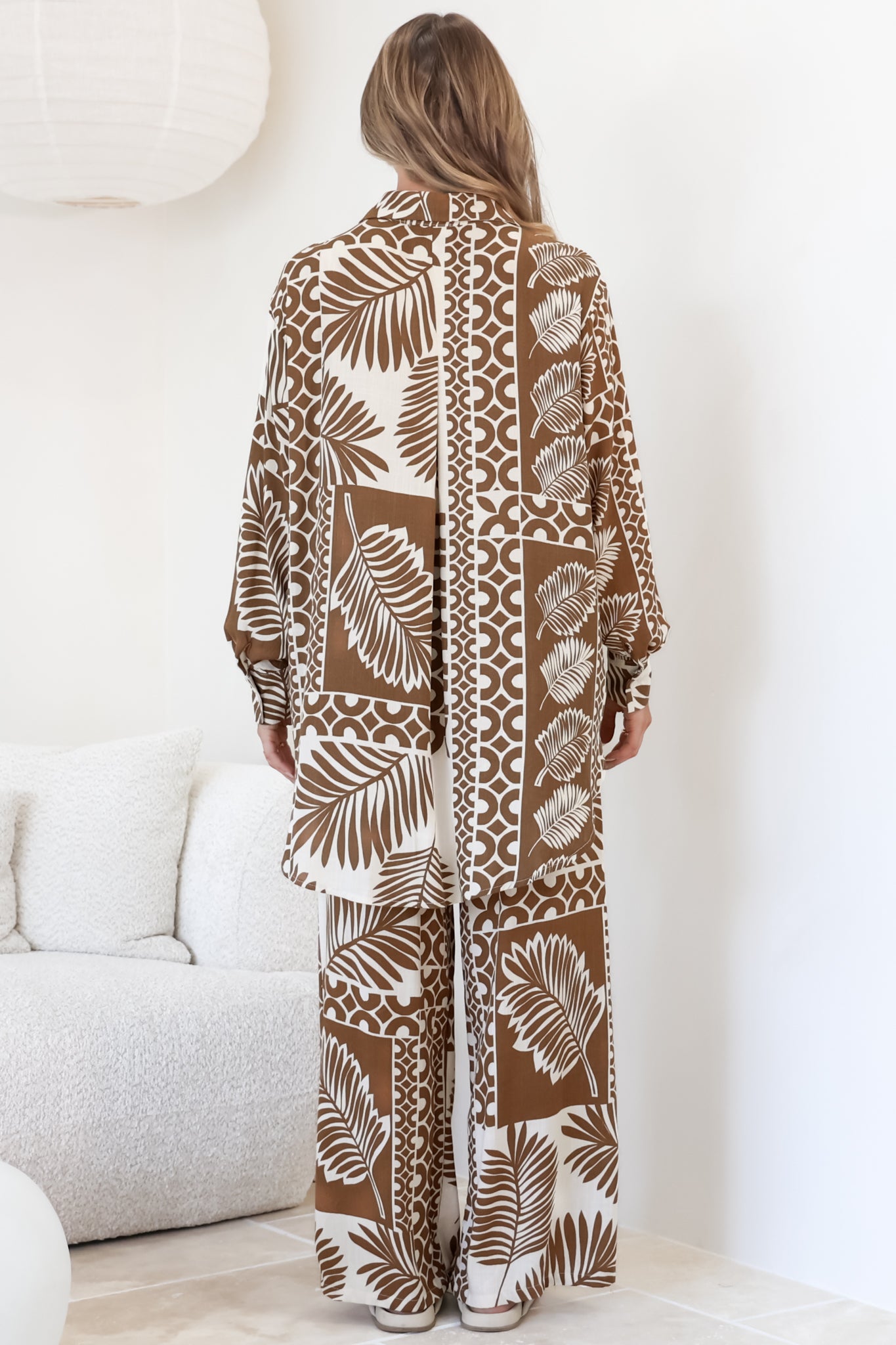 Sibelle Set - Collared Button Down Shirt and Pant Set in Sunny Print Coffee