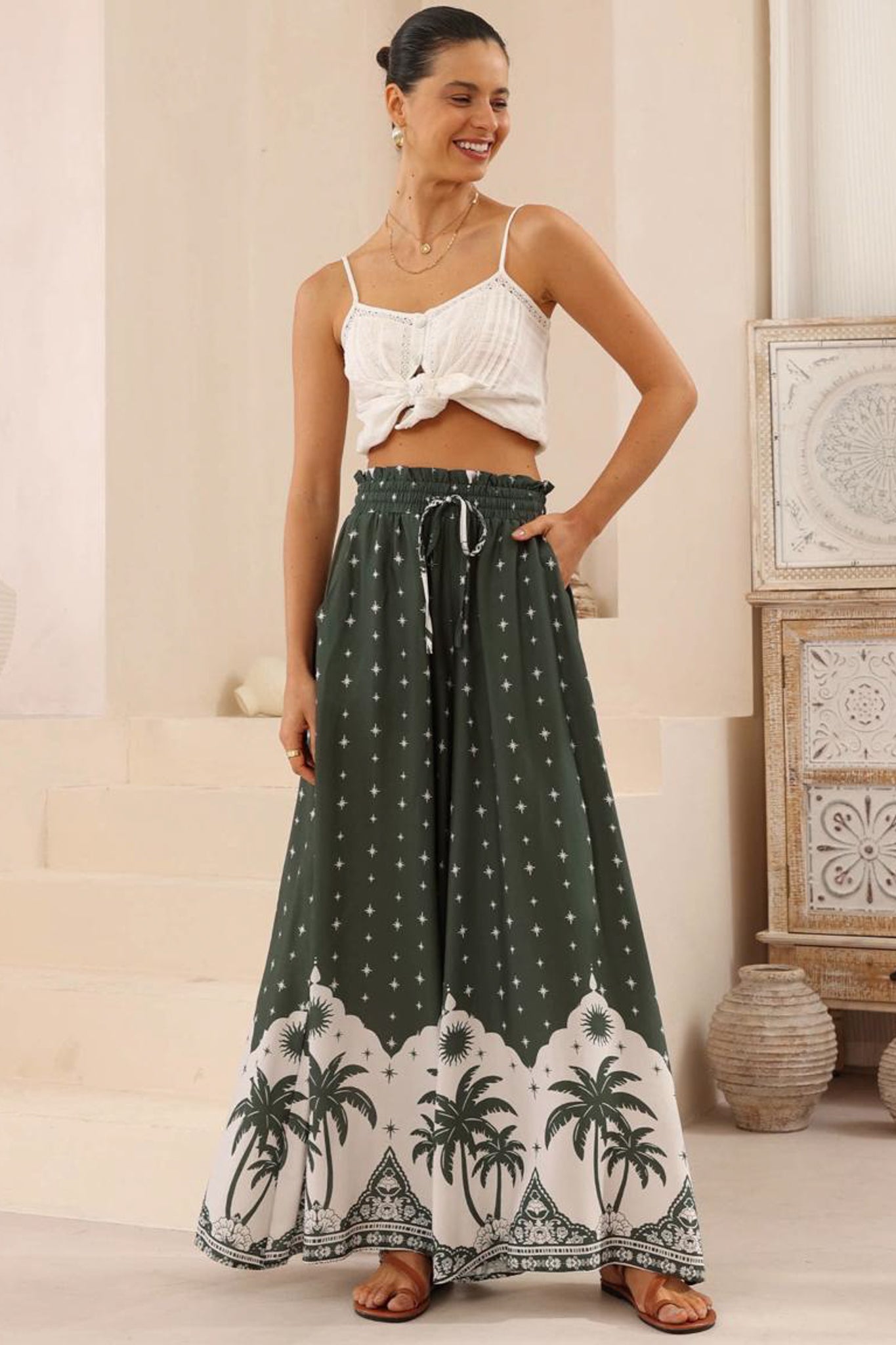 Charli Pants - Paper Bag High Waisted Wide Leg Pants in Fisher Print