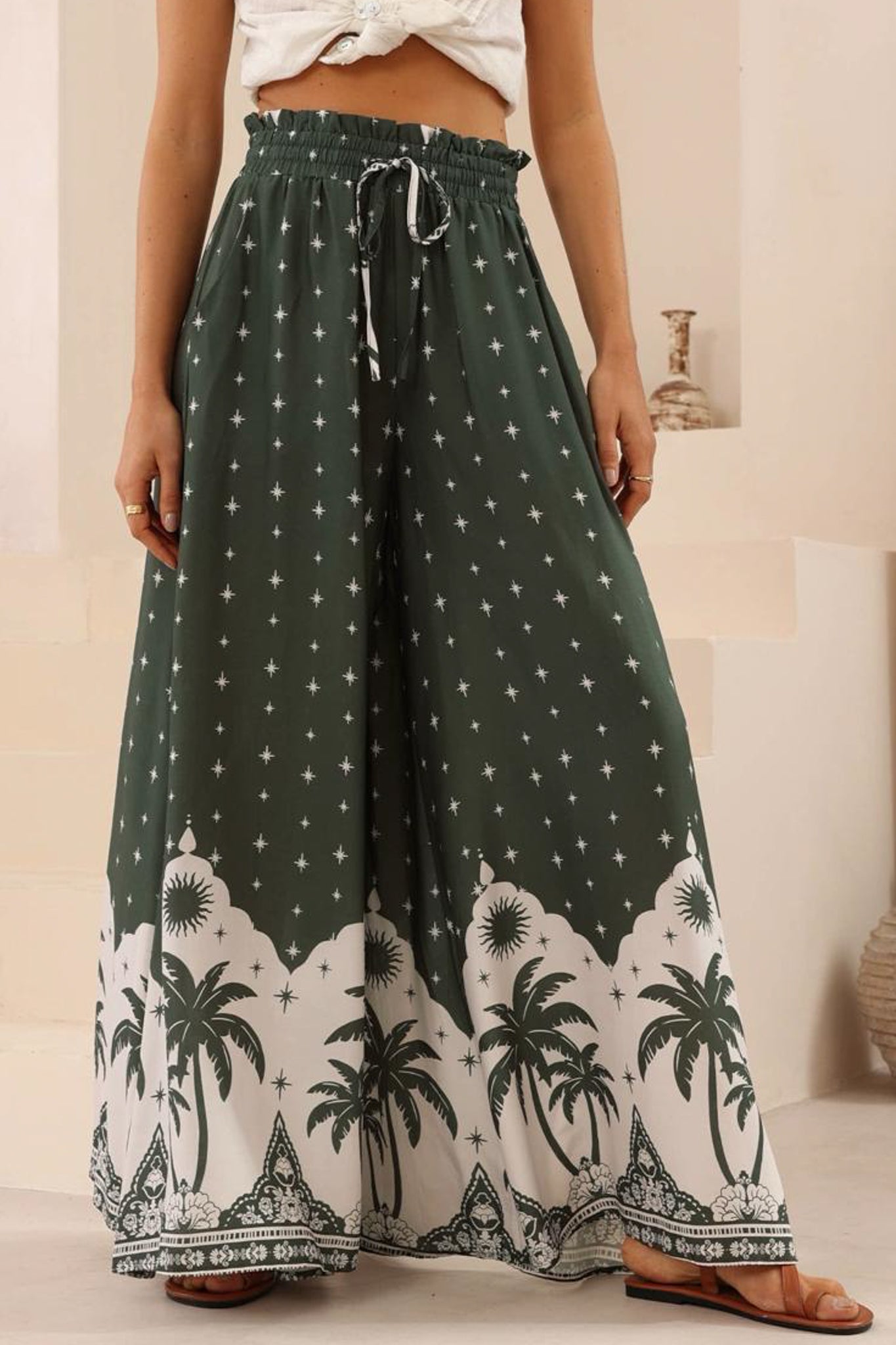 Charli Pants - Paper Bag High Waisted Wide Leg Pants in Fisher Print