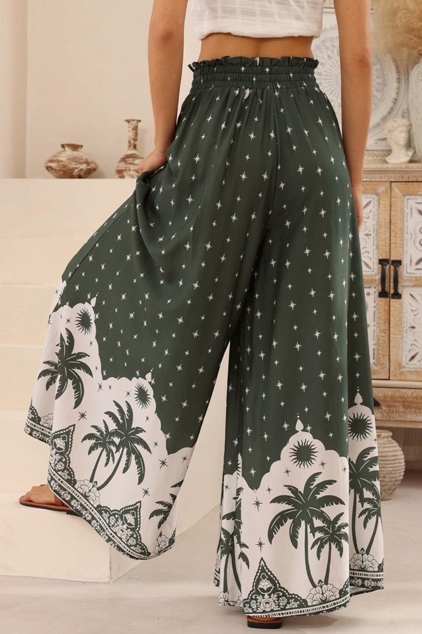 Charli Pants - Paper Bag High Waisted Wide Leg Pants in Fisher Print