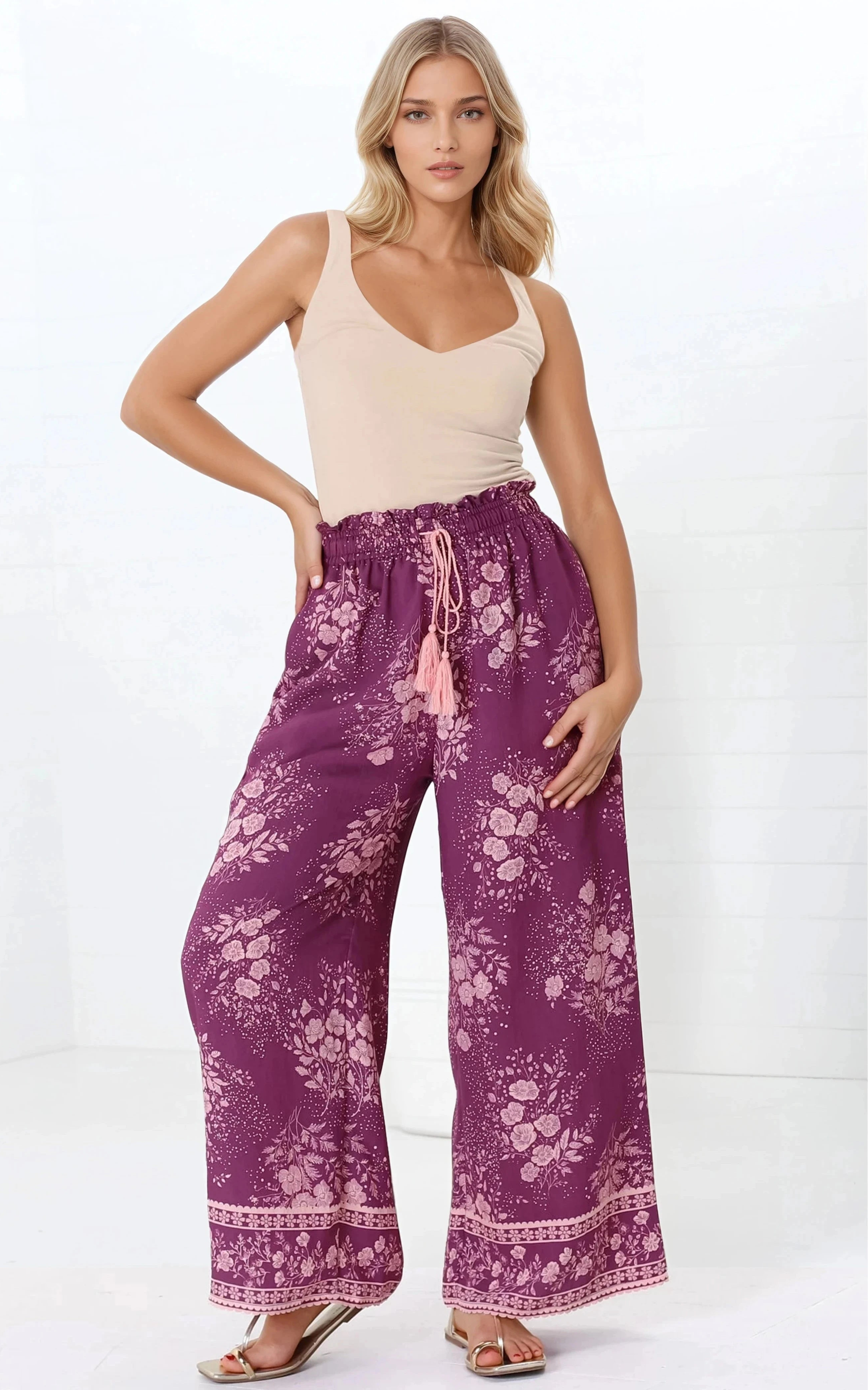 Colson Pants - High Waist Wide Leg Pant in Briella Print Berry