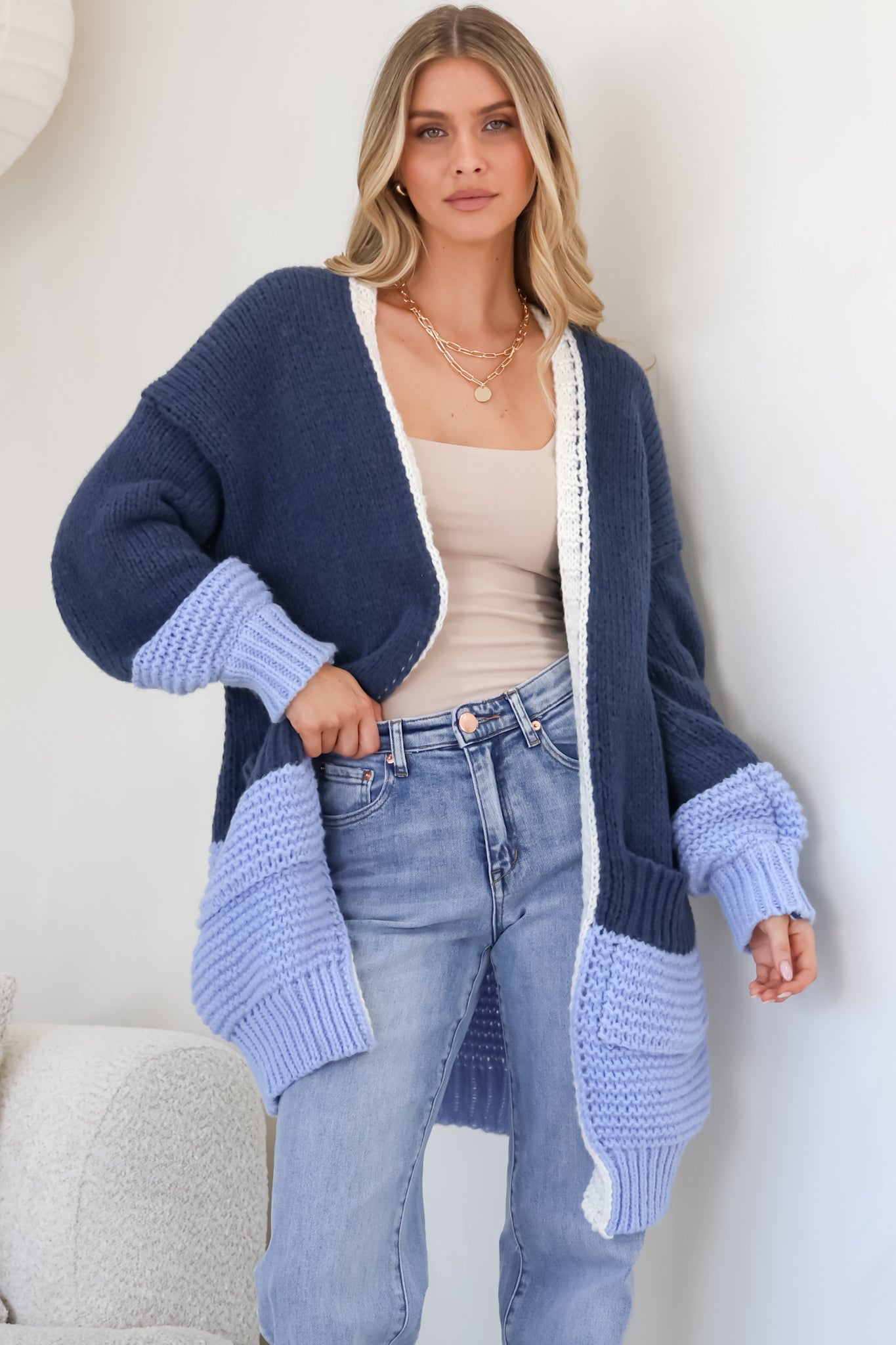 Bessie Cardigan - Colour Block Open Knit in Blue