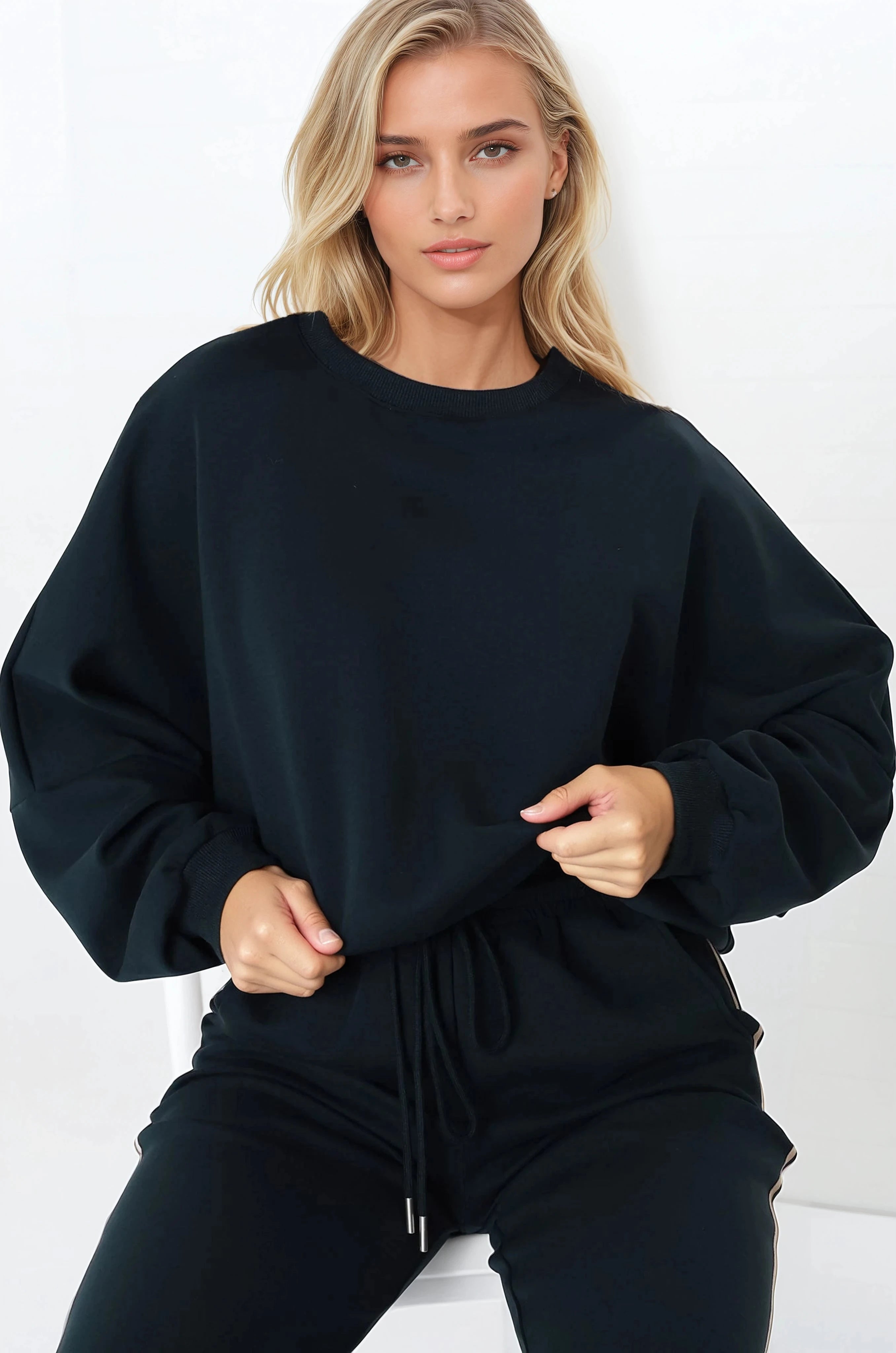Beckham Jumper - Crew Neck Cropped Jumper with Racing Stripe Decal in Navy