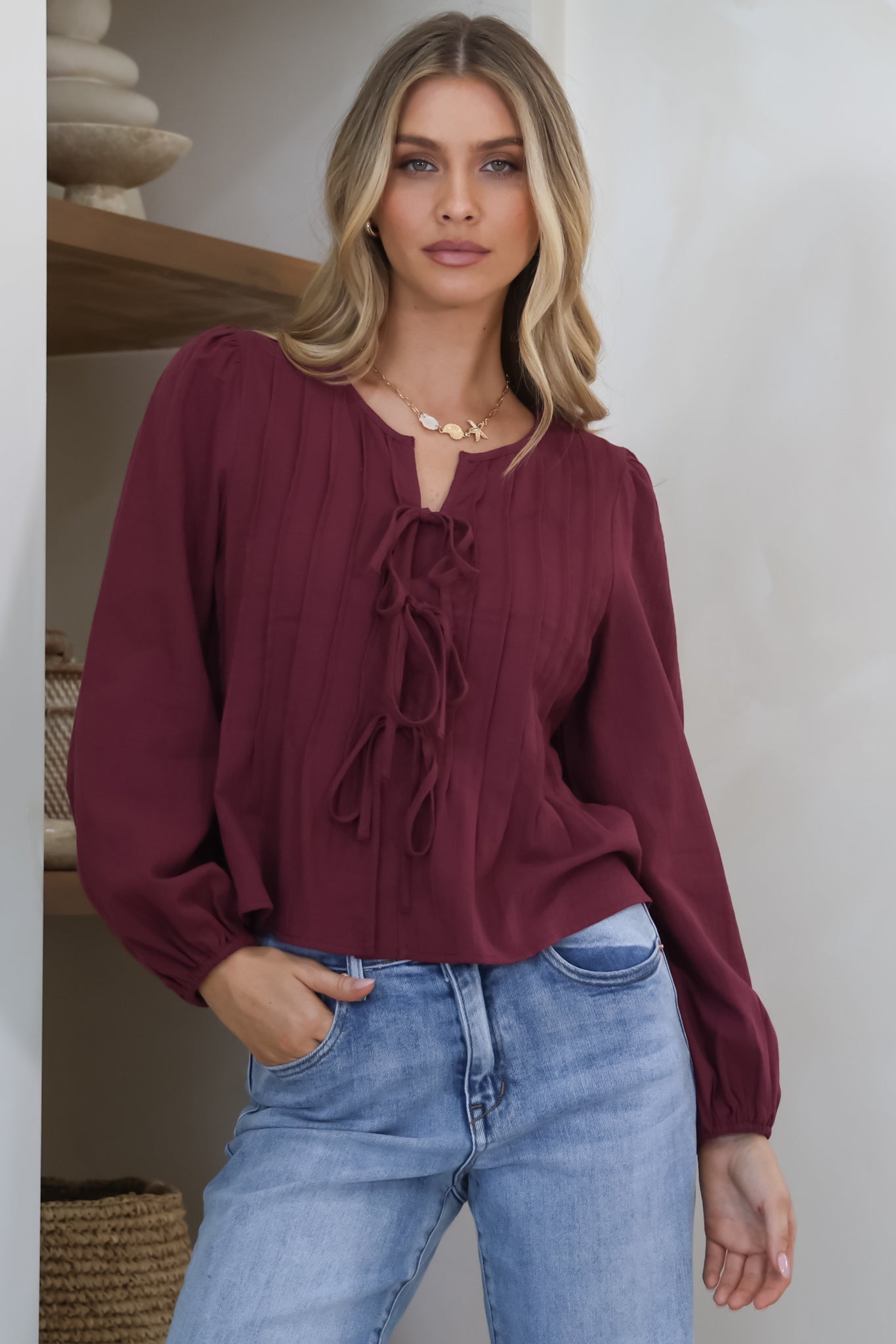 Addison Top - Cotton Tie Down Pleated Front Long Sleeve in Wine