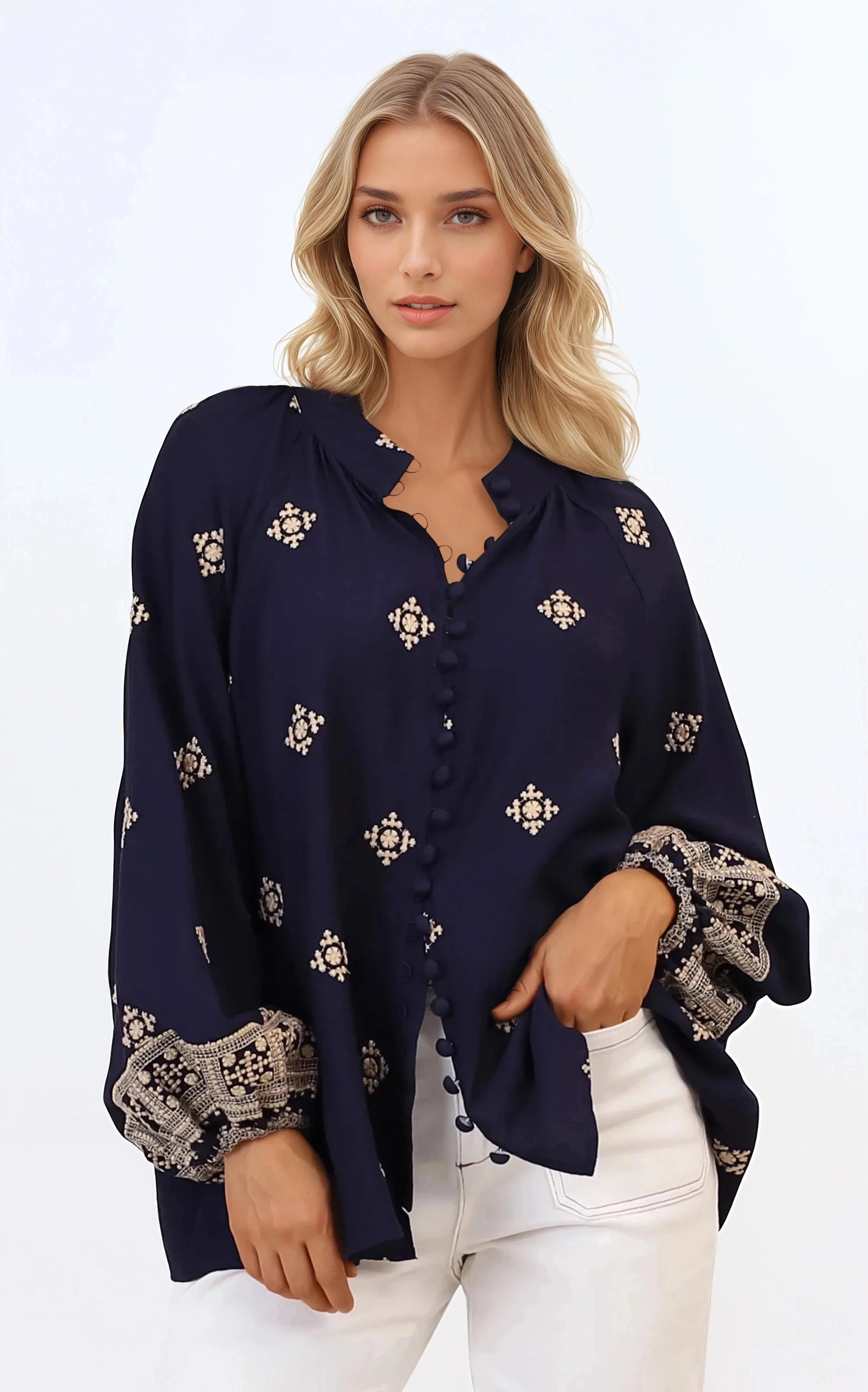 Alexi Blouse - Mandarin Collar Embroidered Button-Down Shirt in Selena Print Navy