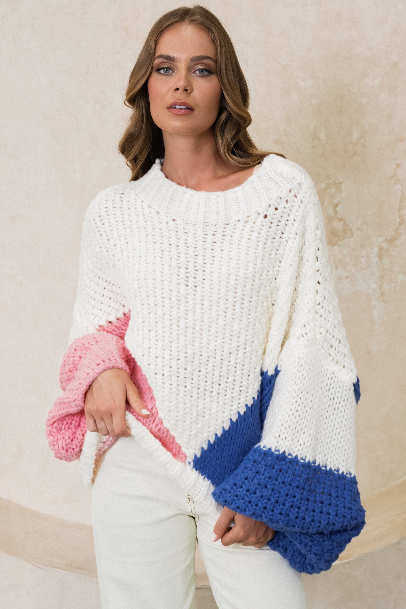 Alice Jumper - Chunky High Neck Colour Block Knit Jumper in Beige Splice