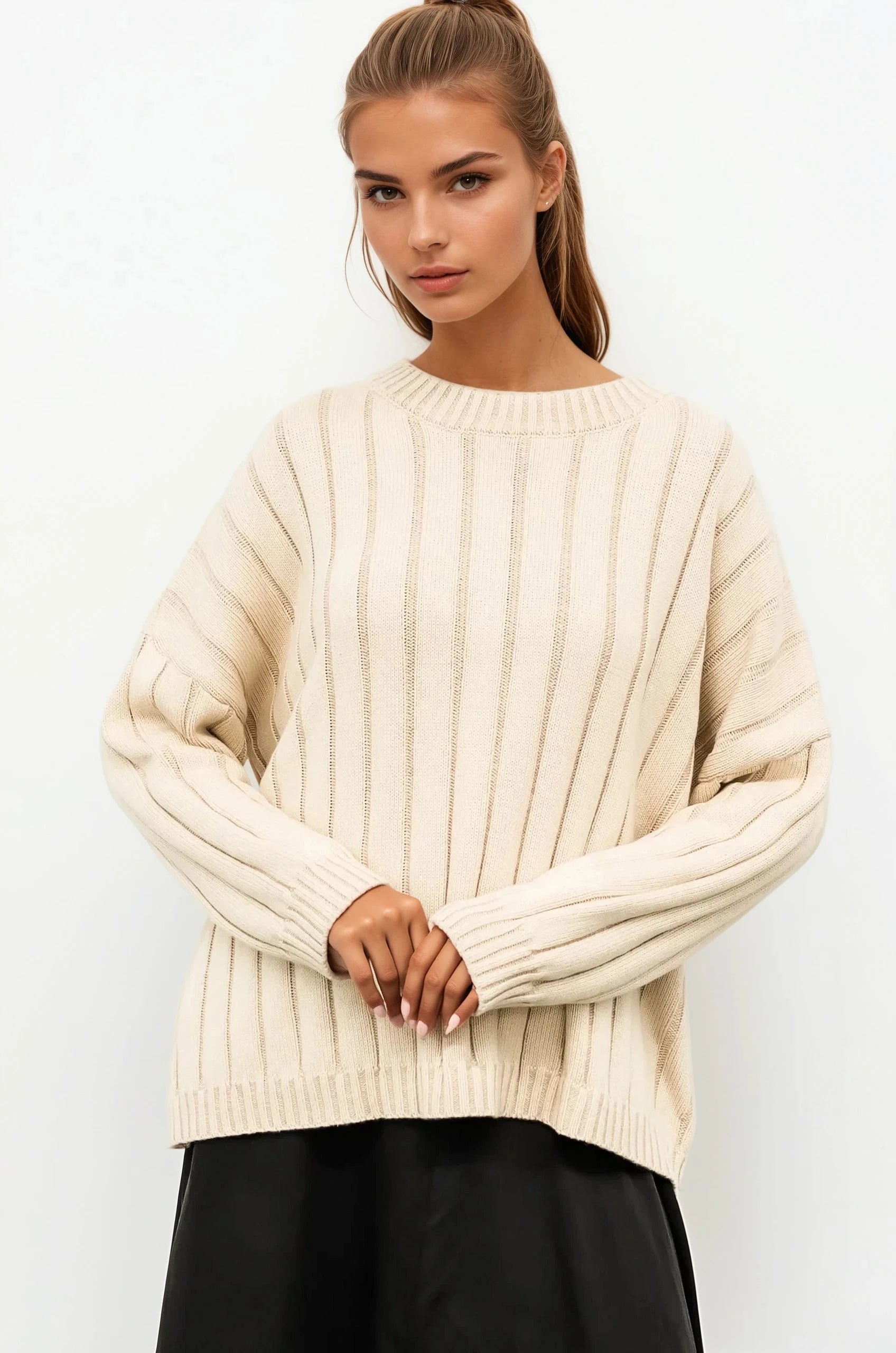 Anders Jumper - Relaxed Ribbed Crew Neck Jumper with Back Split in Cream