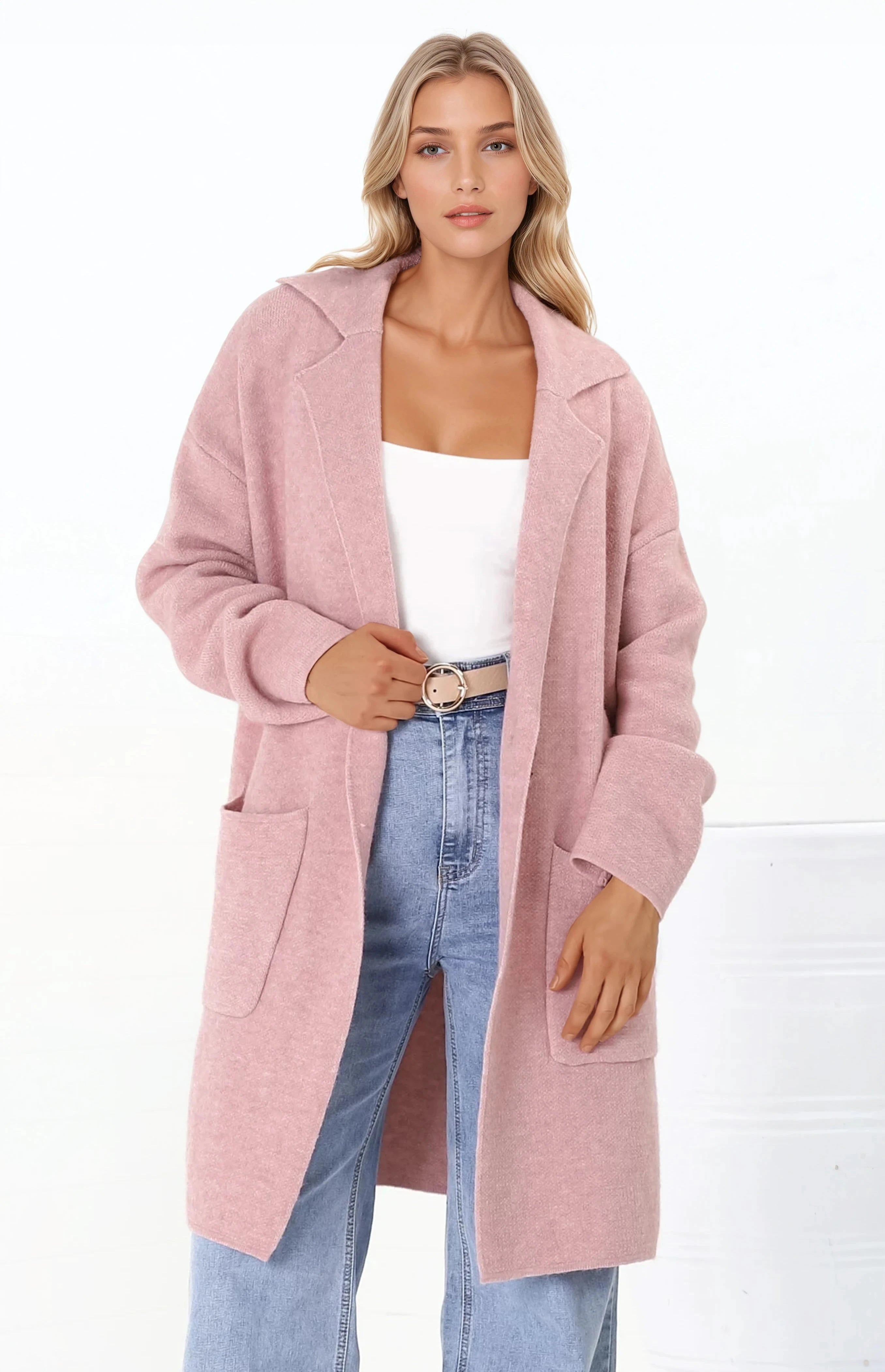 Annie Cardigan - Folded Collar Coatigan with Pockets in Pink