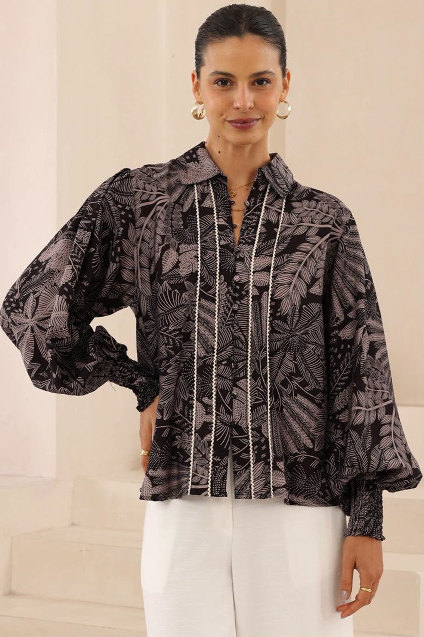 Aralyn Blouse - Balloon Sleeve Button Down Shirt in Midnight Flora Print
