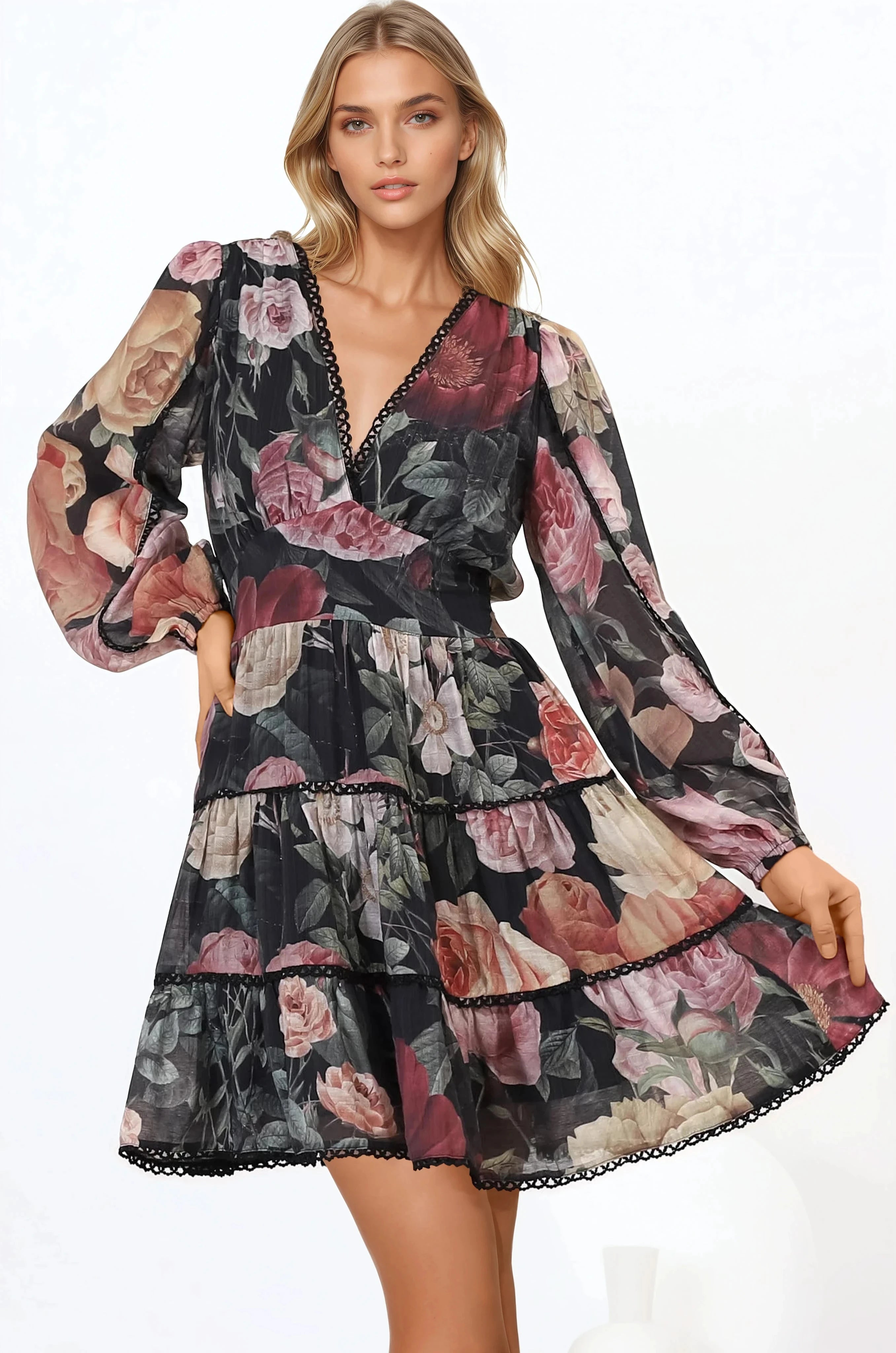 Audrey Mini Dress - Delicately Detailed Tiered A-Line Dress in Bortie Print Black