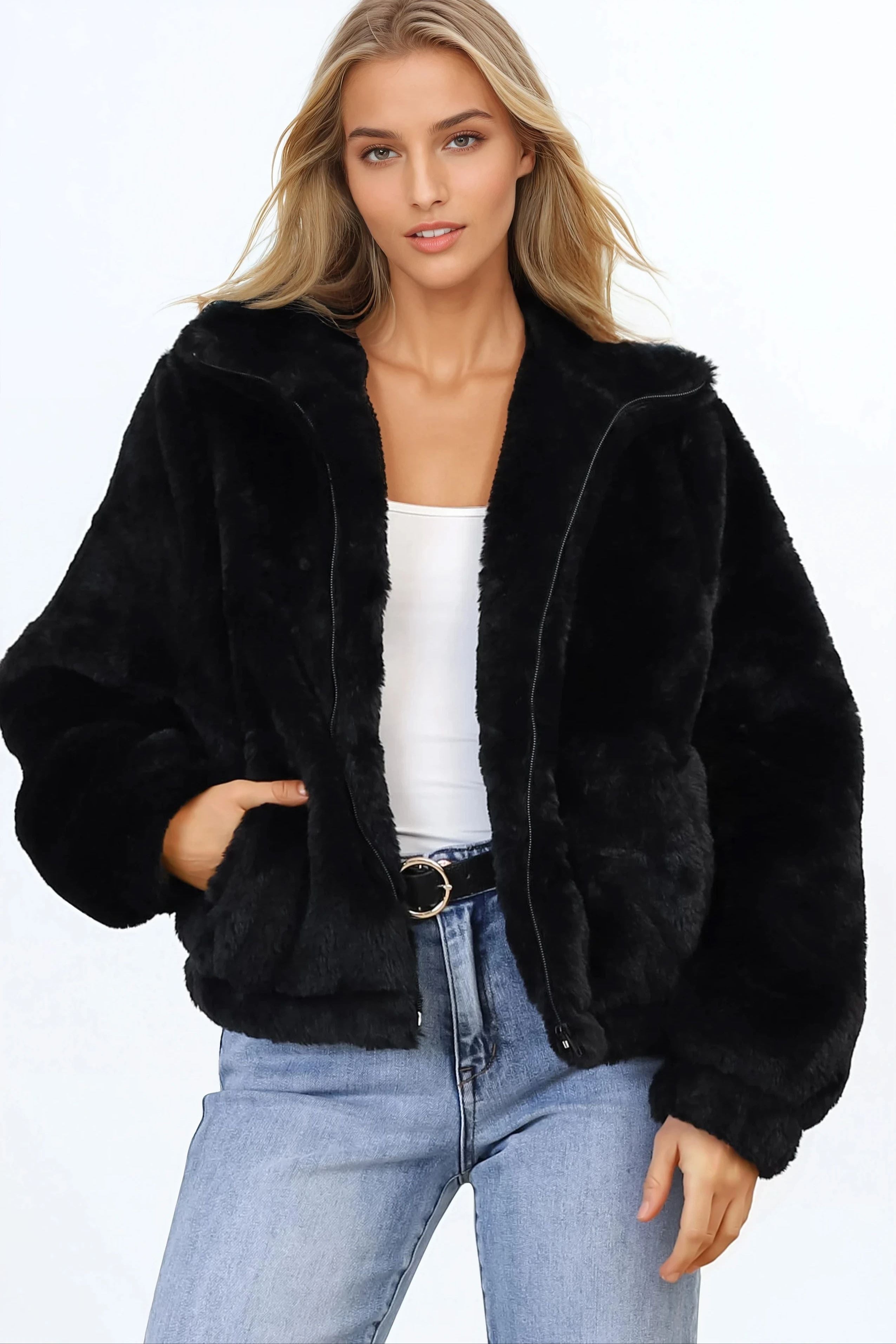 Austin Jacket - Zip Up Teddy Jacket with Pockets in Black