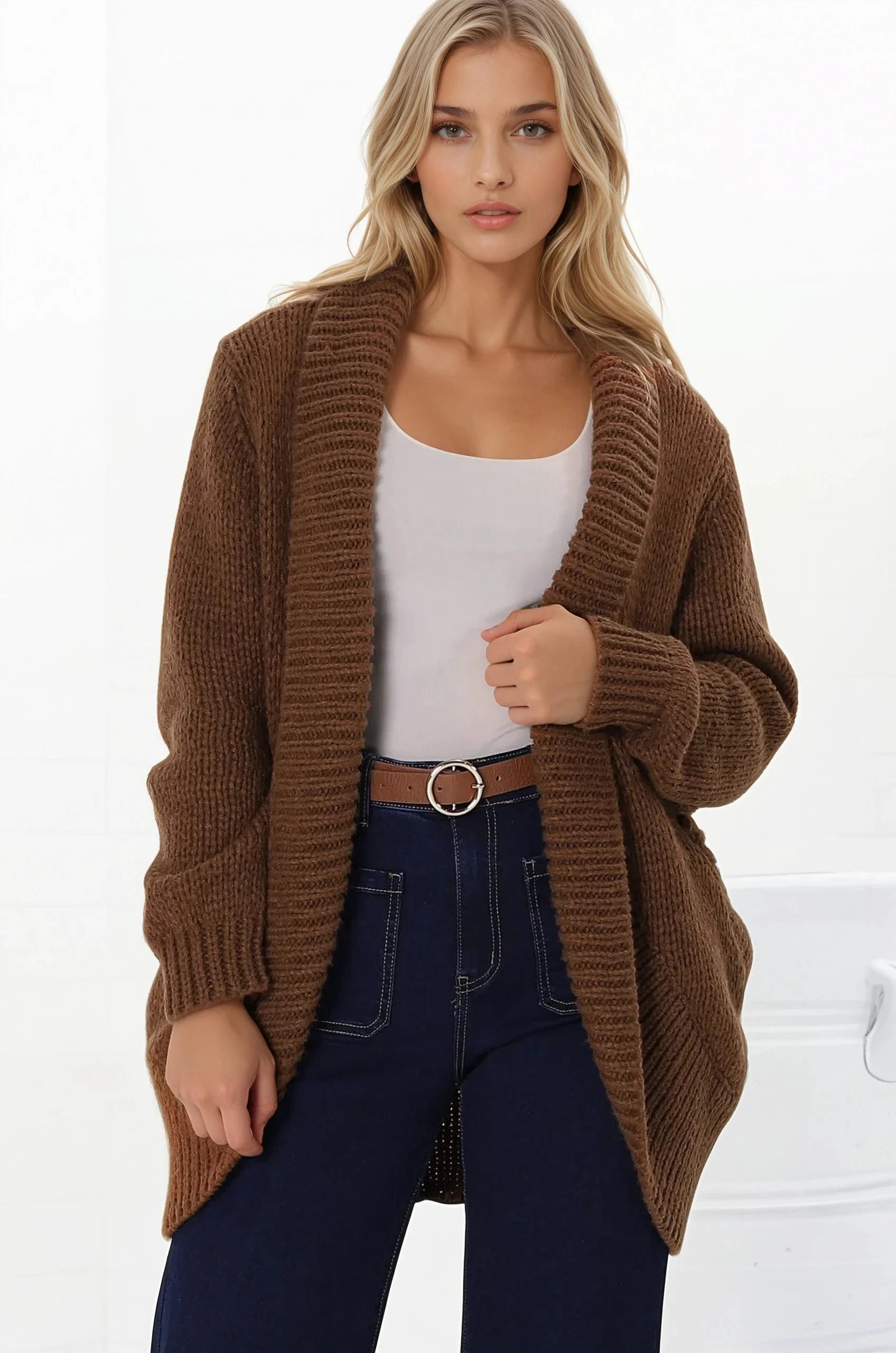 Blair Cardigan - Chunky Open Front Knit Cardigan with Pockets in Tan