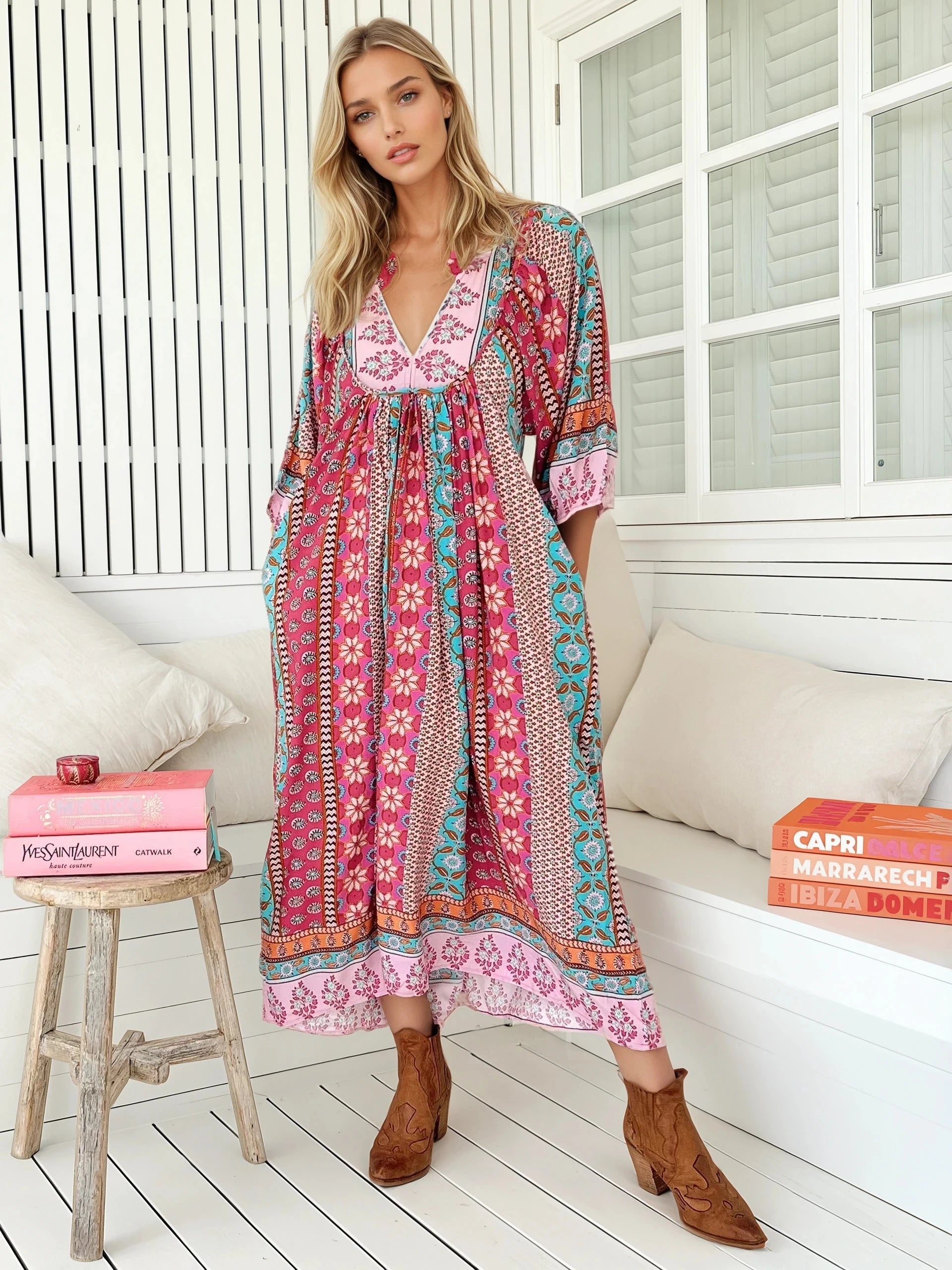 JAASE - Boheme Midi Dress: Piping Defined Bust Slimline Smock Dress In Cedella Print