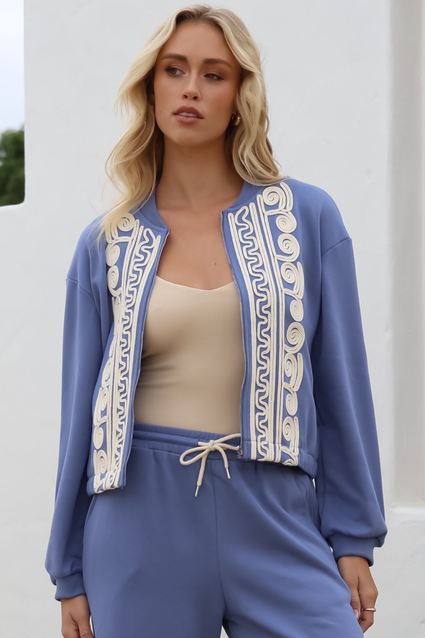 Bohdi Jacket - Contrast Decaled Crop Jacket in Blue