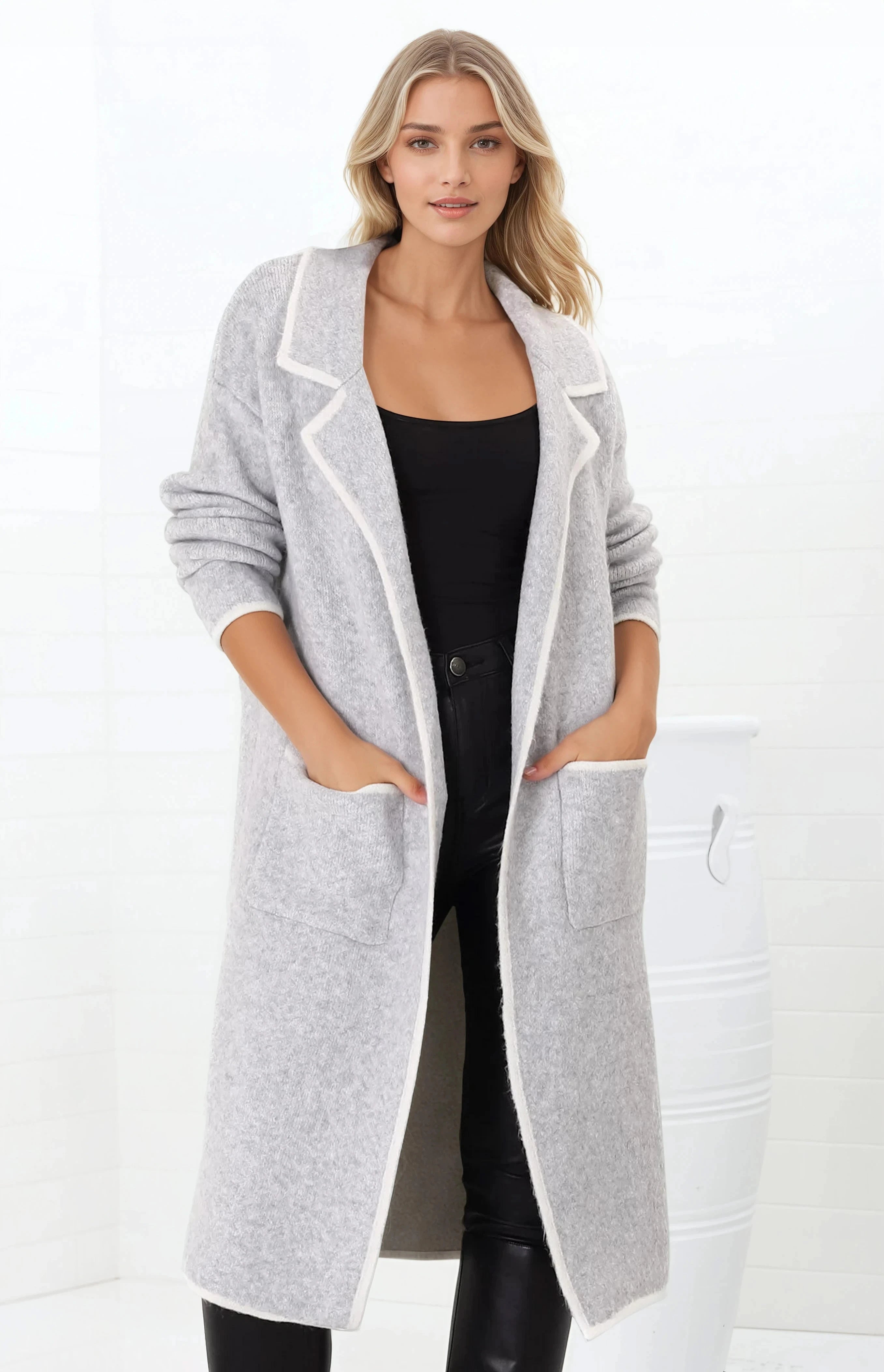 Boston Cardigan - Collared Contrast Hem Cardigan with Pockets in Grey
