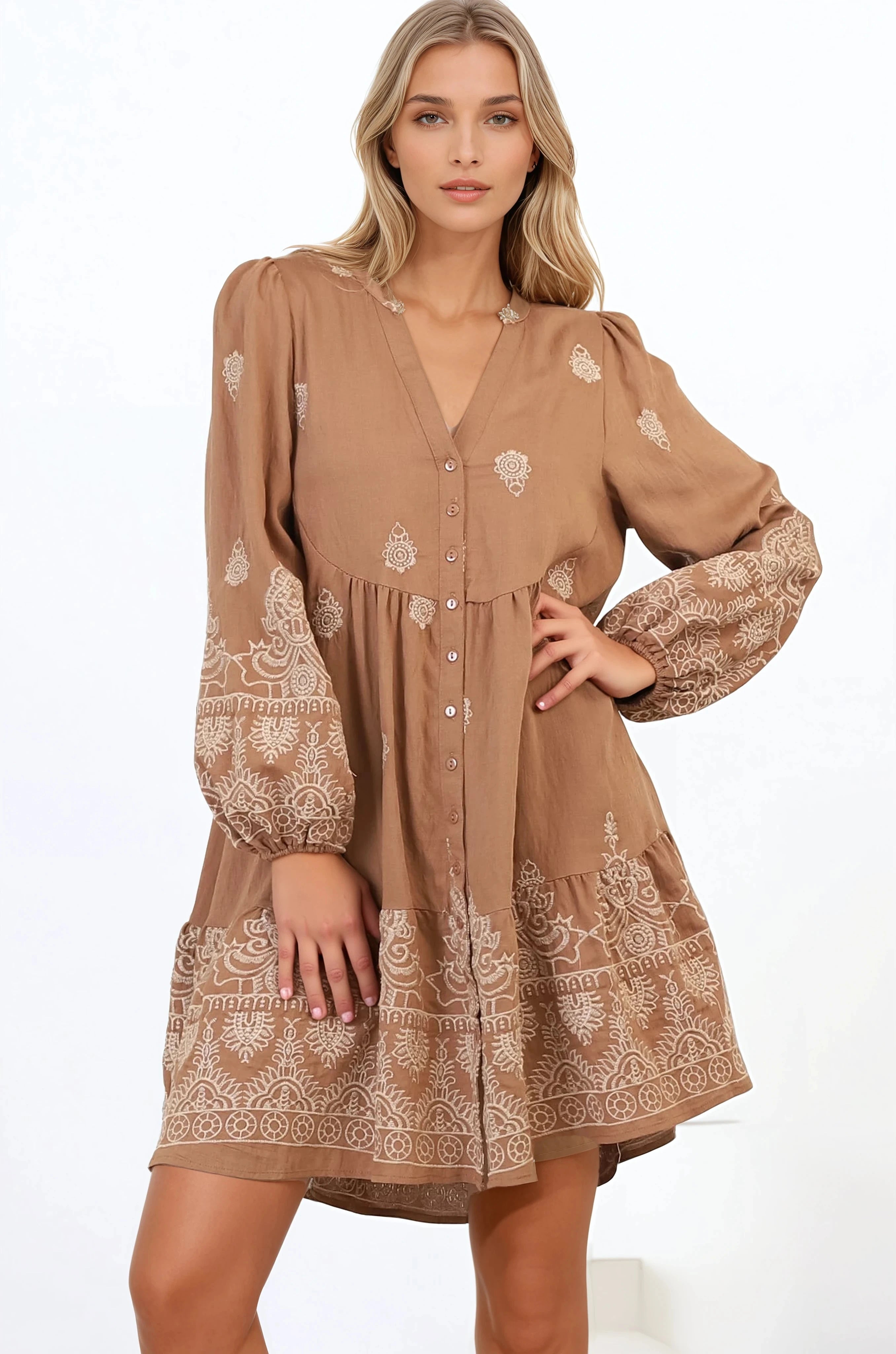 Brooke Mini Dress - Mandarin Collar Embroidered Button Down Dress with Pockets in Tan