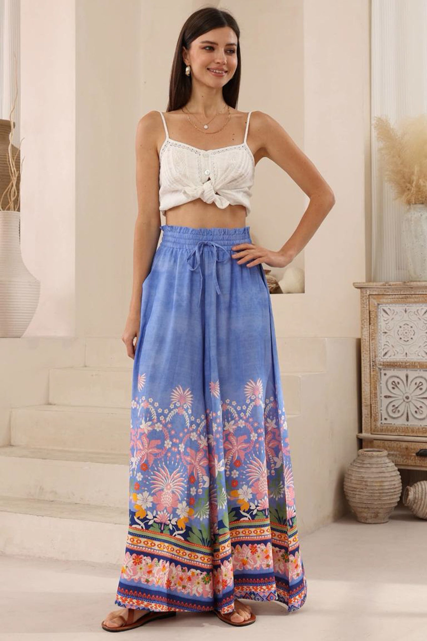 Charli Pants -  Paper Bag High Waisted Wide Leg Pants in Clara Print