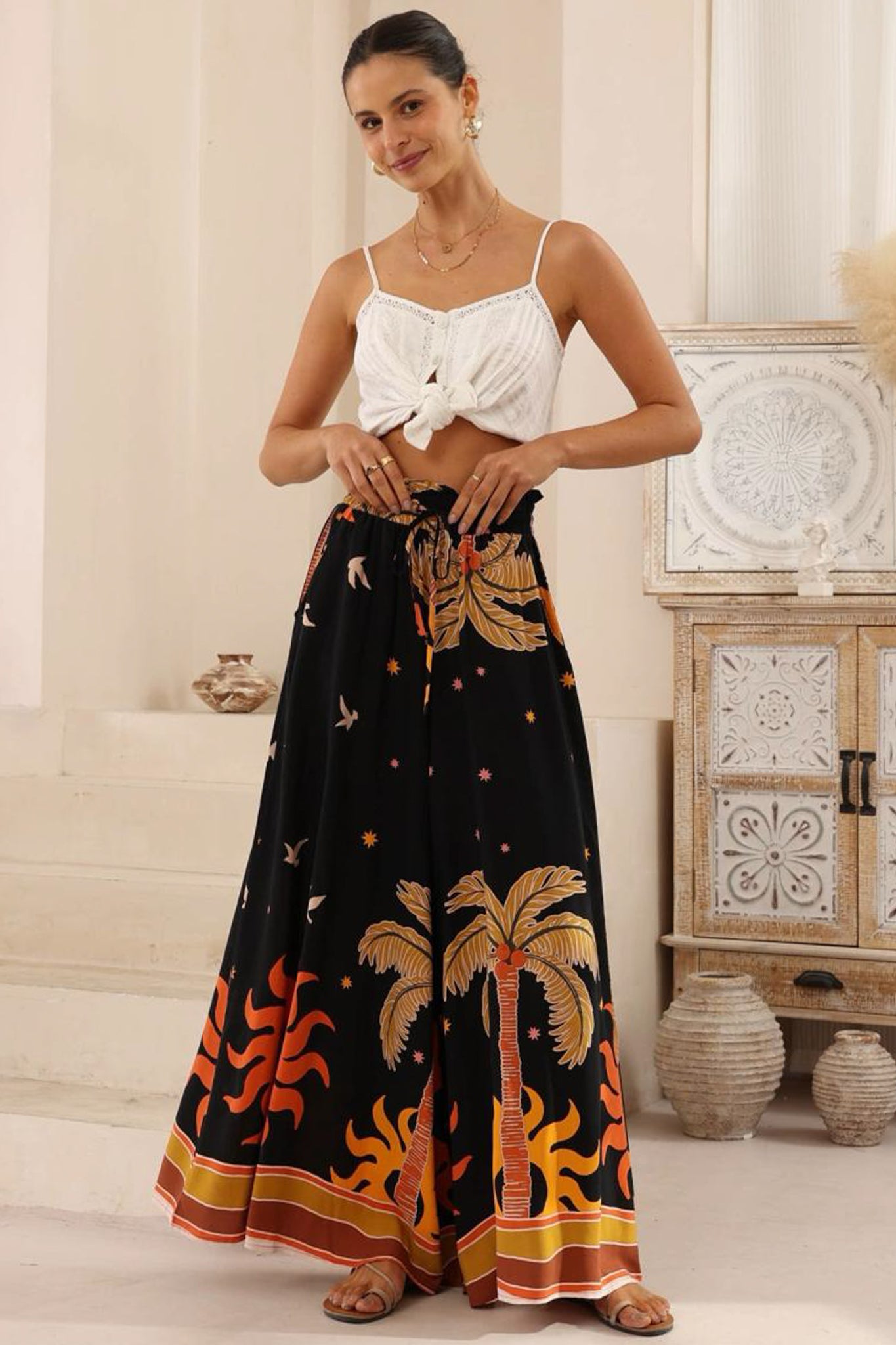 Charli Pants - Paper Bag High Waisted Wide Leg Pants in Midnight Desert Print