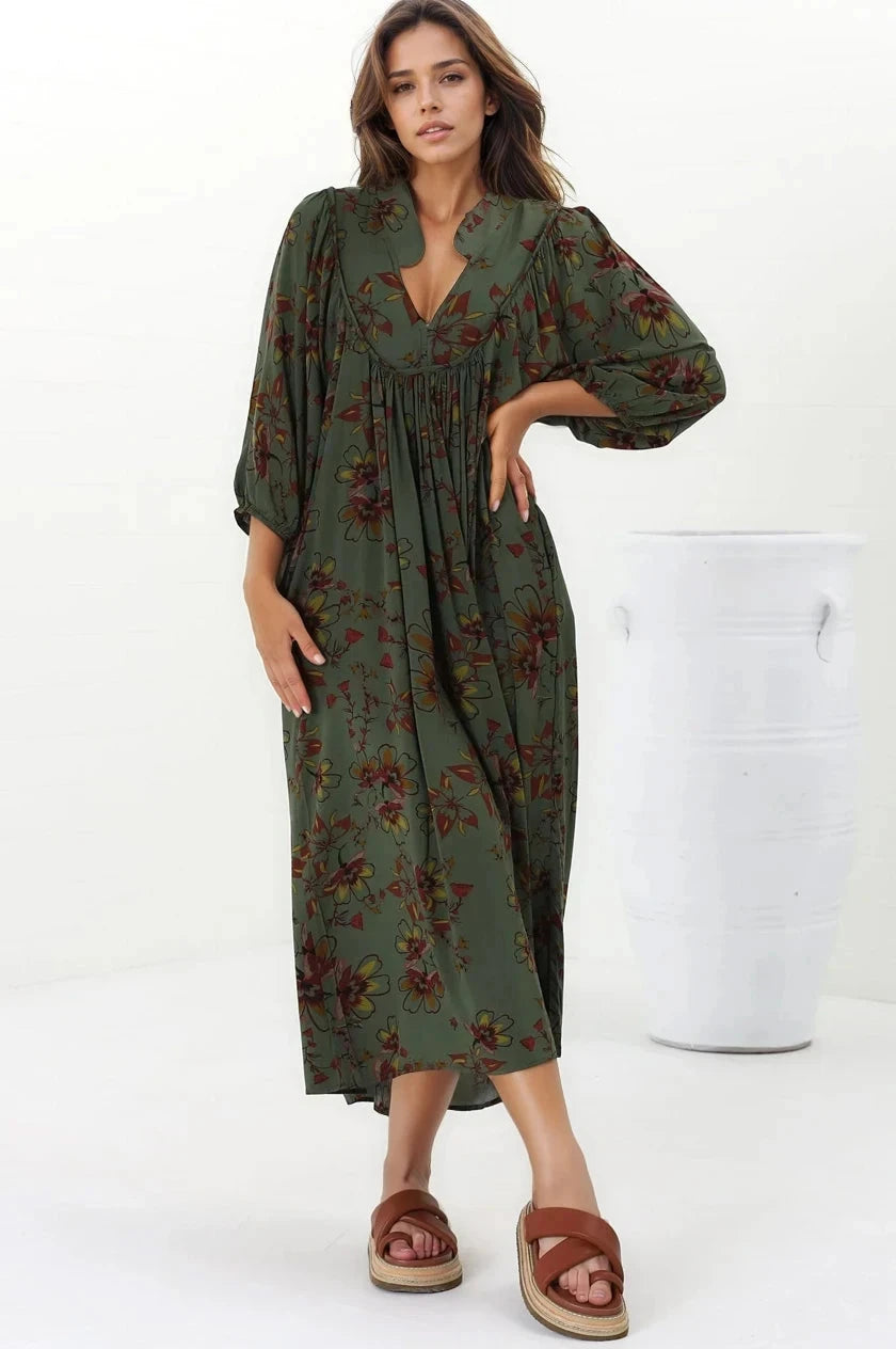 JAASE - Boheme Midi Dress: Piping Defined Bust Slimline Smock Dress In Esme Print