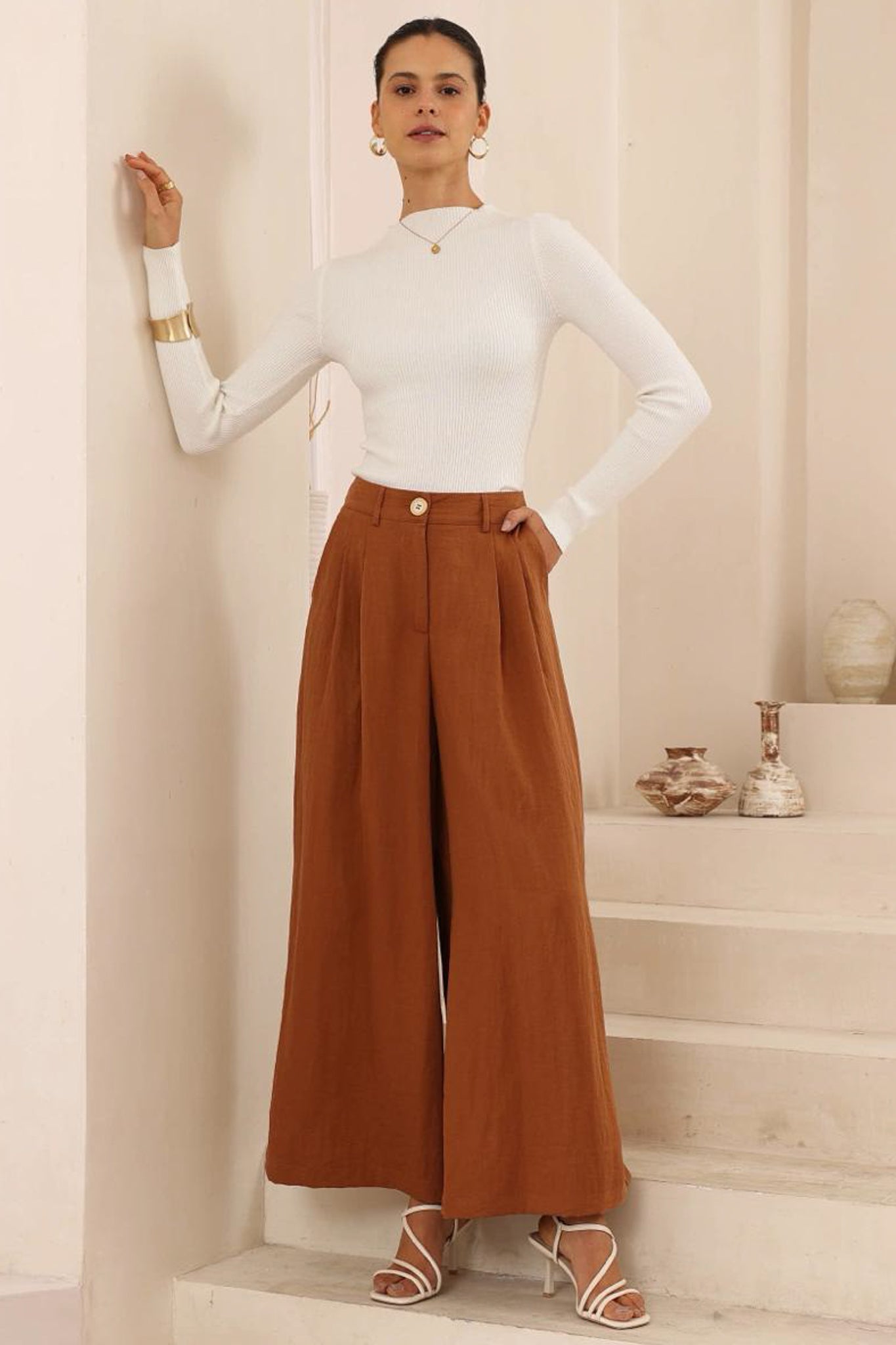 Garcia Pants - High Waisted Fitted Waist Wide Leg Pants in Tan