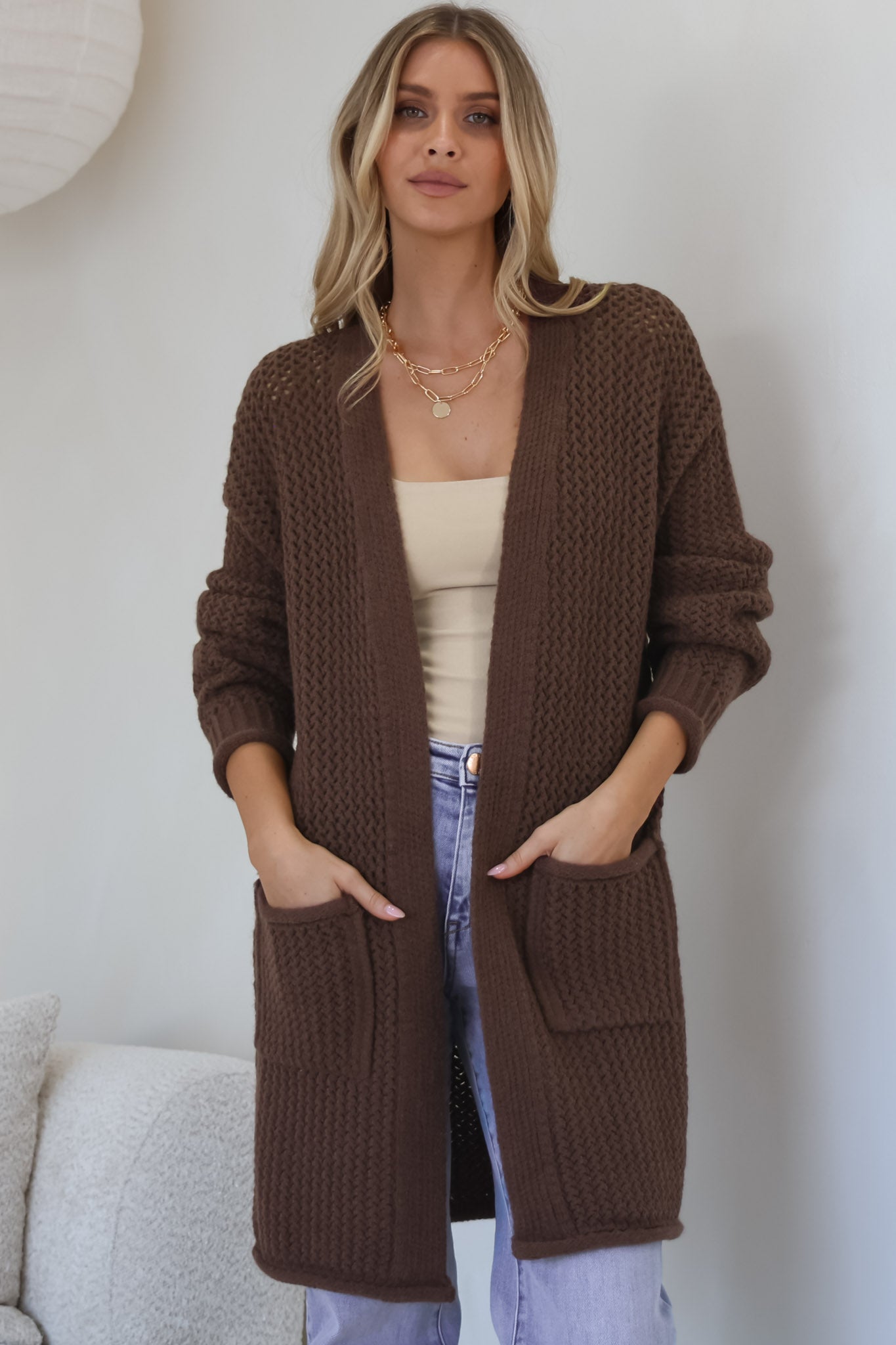 Haven Cardigan - Open Front Long Knit Cardigan with Pockets in Coffee