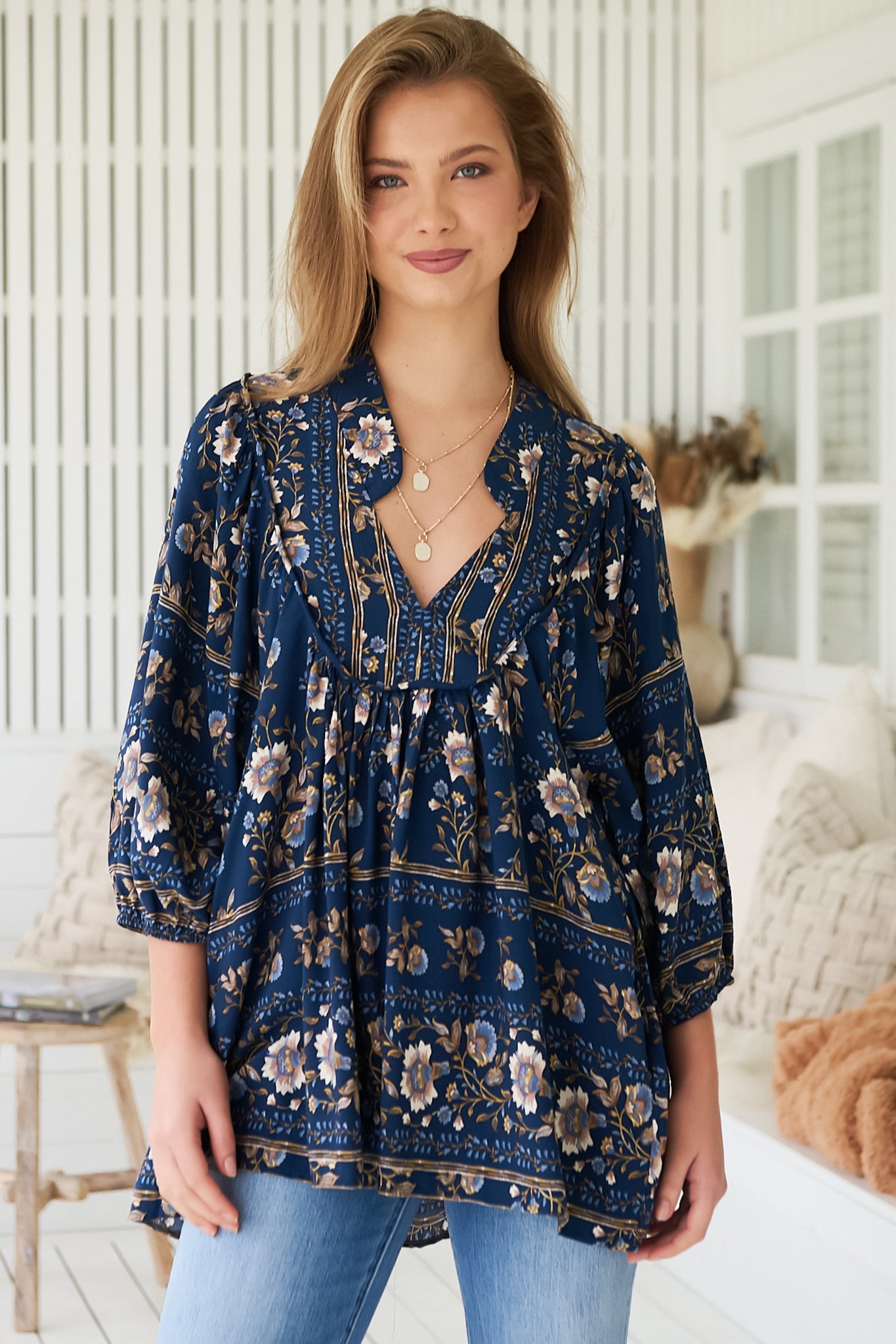 JAASE - Boheme Blouse: Thick Collar Smock Blouse in Adeline Print