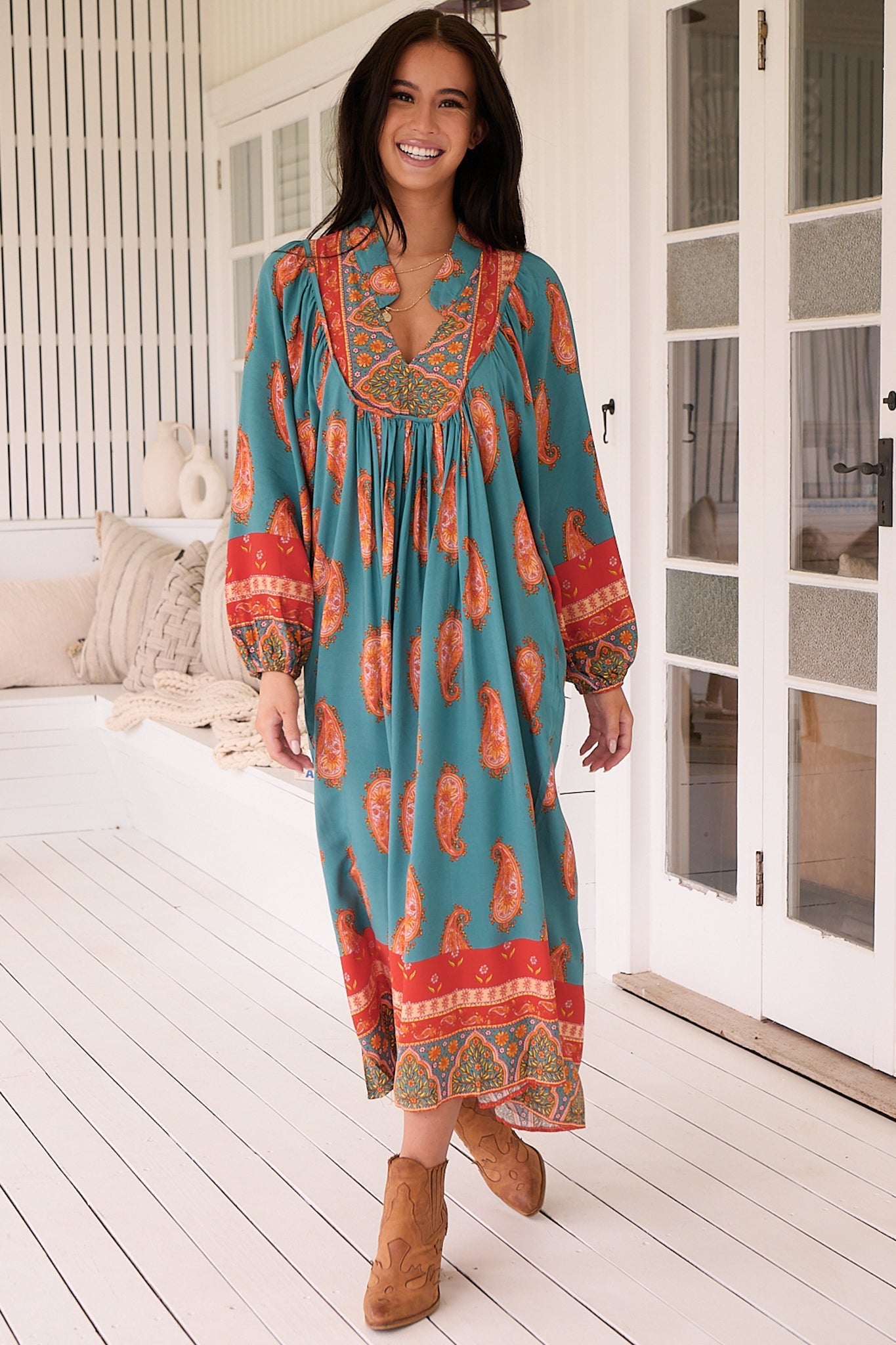 JAASE - Boheme Midi Dress: Long Sleeve Piping Defined Bust Slimline Smock Dress in Melody Print
