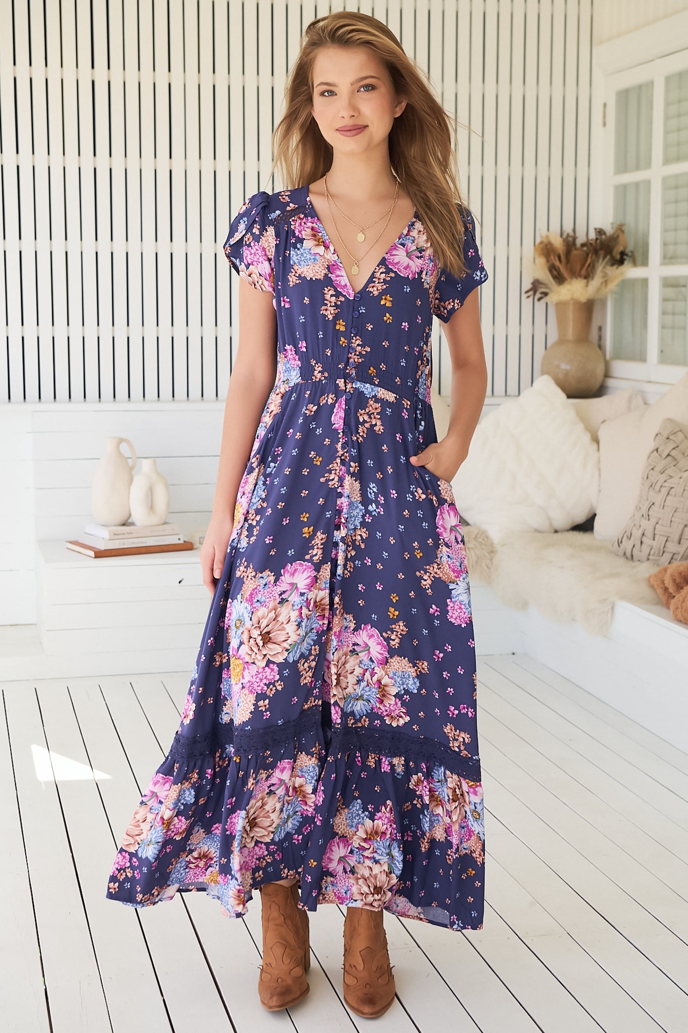 JAASE - Carmen Maxi Dress: Butterfly Cap Sleeve Button Down A Line Dress with Lace Trim in Wild Whim Print