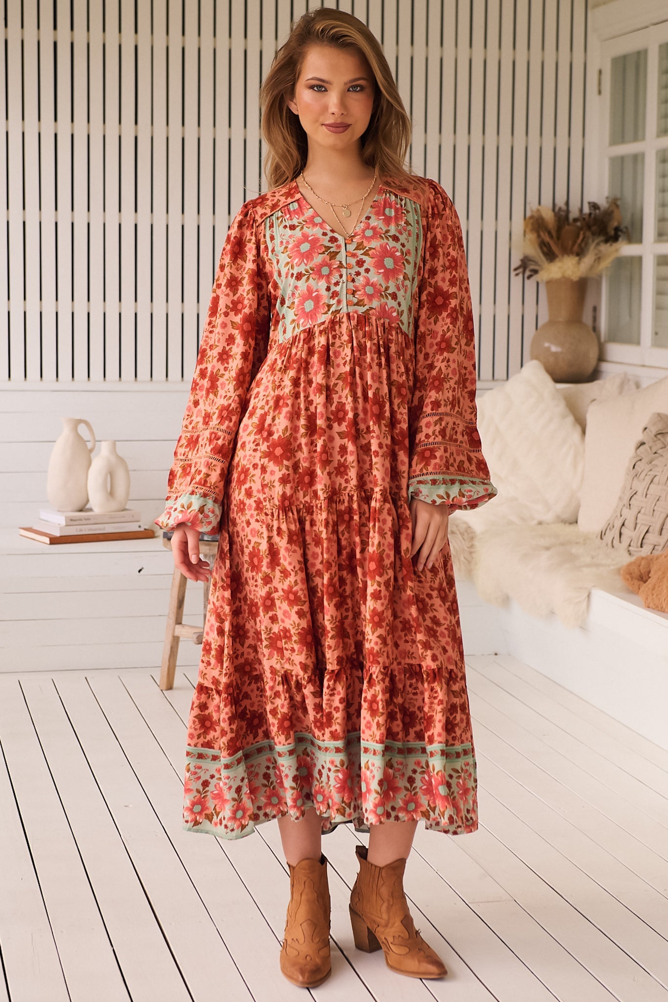 JAASE - Eve Midi Dress: V Neck Long Sleeve Tiered Dress with Option Waist Tie in Lillianna Print