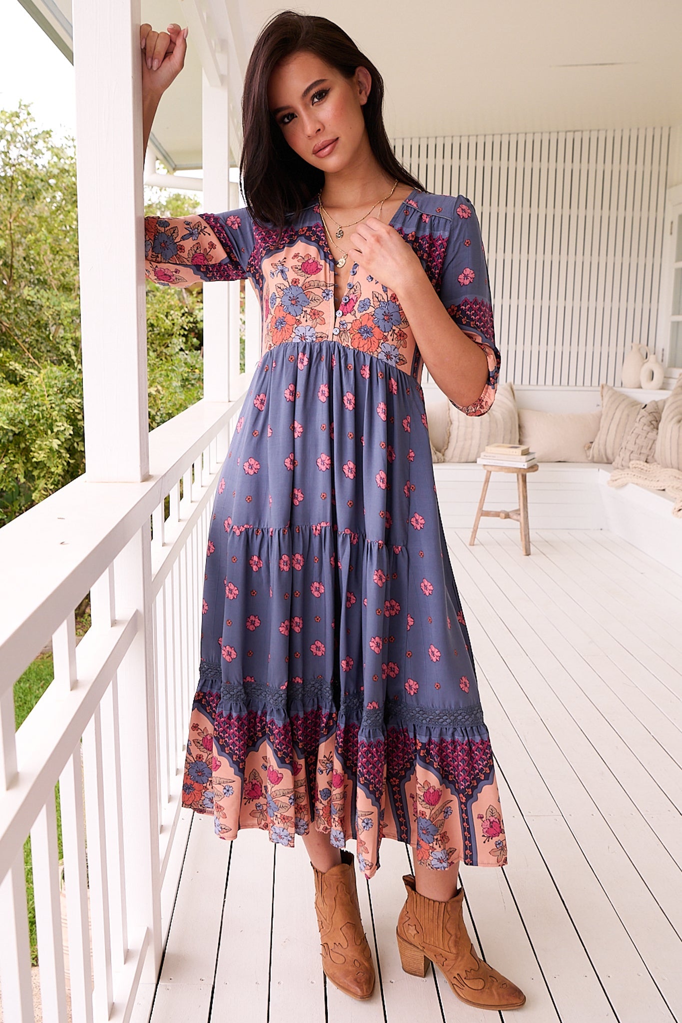JAASE - Eve Lace Midi Dress: V Neck Tiered Dress with Option Waist Tie in Laney Print