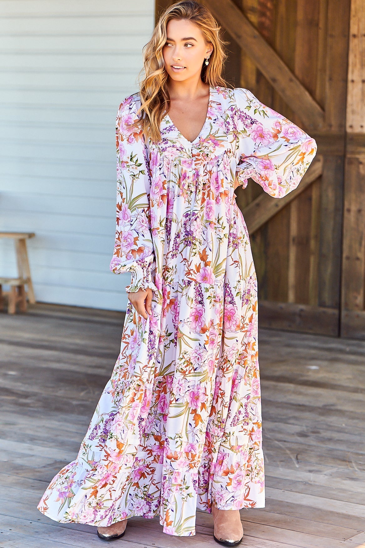 JAASE - Rosalie Maxi Dress: V Neck Balloon Sleeve Tiered Oversized Dress in Acadia Print
