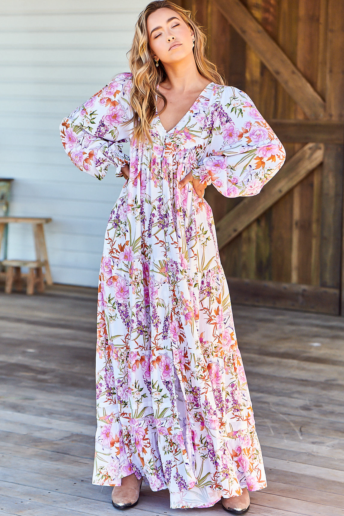 JAASE - Rosalie Maxi Dress: V Neck Balloon Sleeve Tiered Oversized Dress in Acadia Print