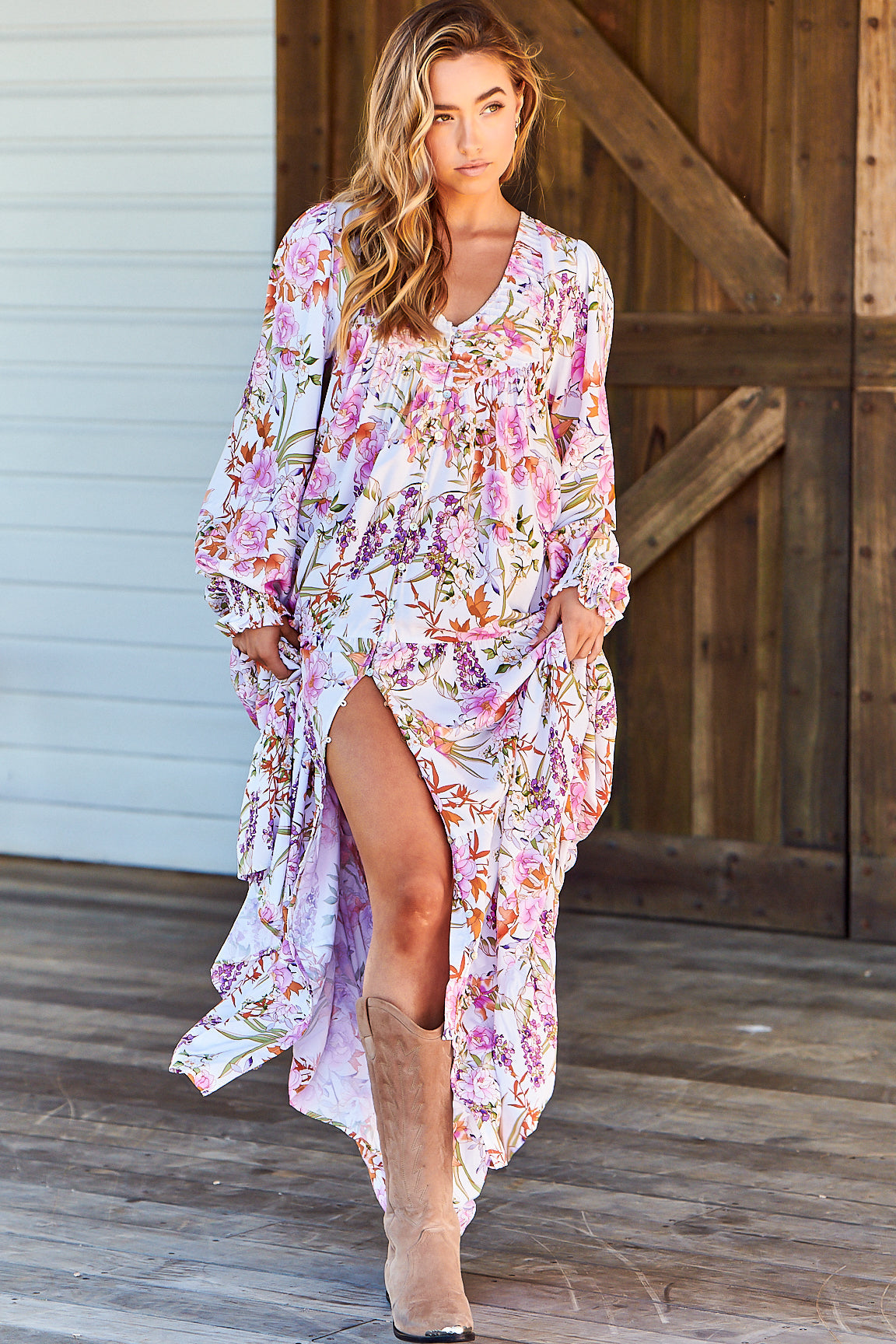 JAASE - Rosalie Maxi Dress: V Neck Balloon Sleeve Tiered Oversized Dress in Acadia Print