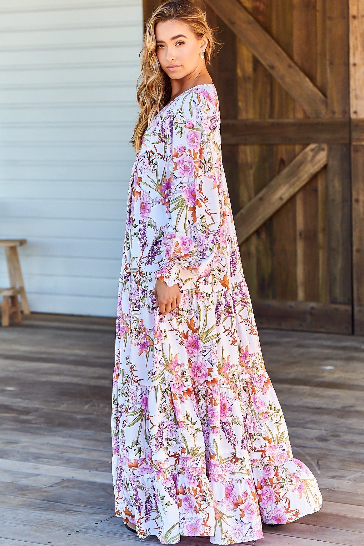 JAASE - Rosalie Maxi Dress: V Neck Balloon Sleeve Tiered Oversized Dress in Acadia Print