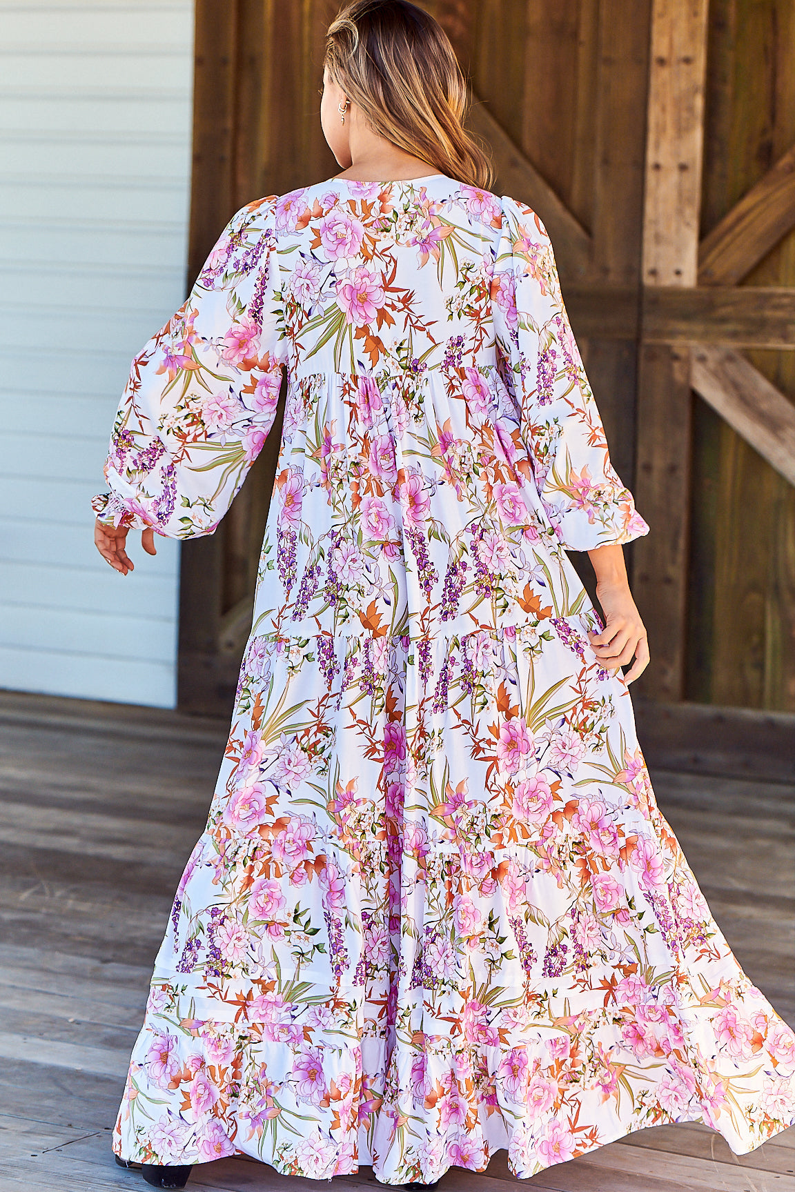 JAASE - Rosalie Maxi Dress: V Neck Balloon Sleeve Tiered Oversized Dress in Acadia Print