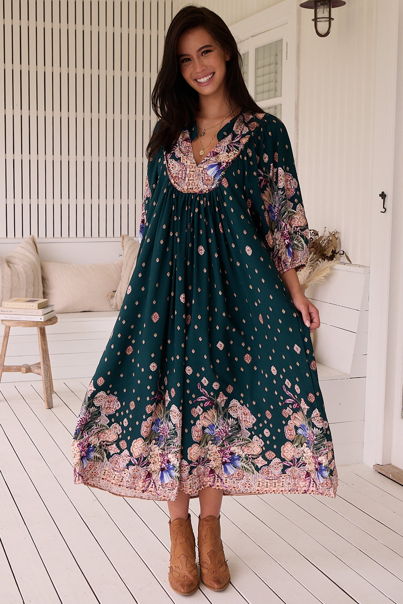 JAASE - Boheme Midi Dress: Piping Defined Bust Slimline Smock Dress in Estella Print