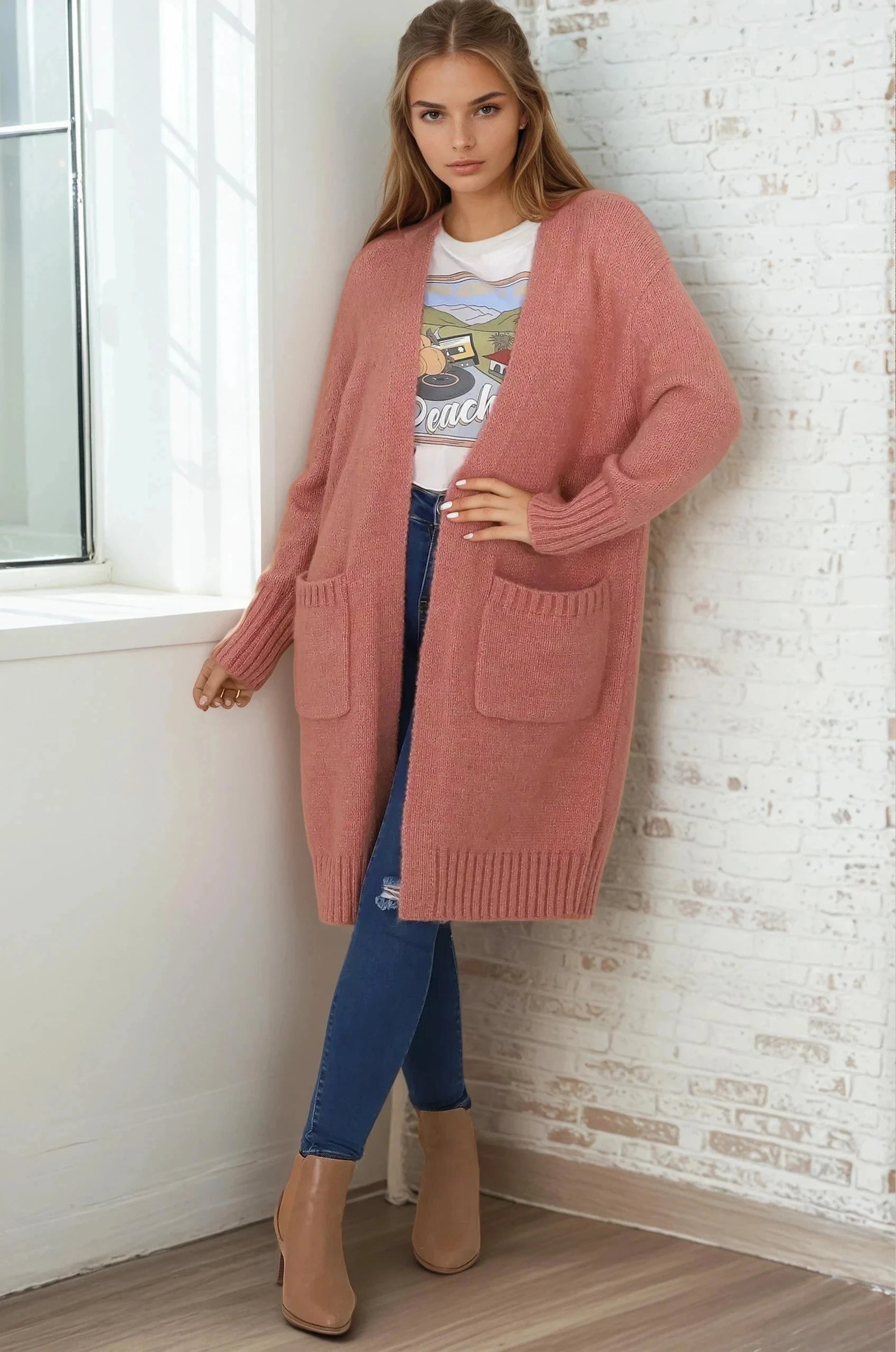 Kartika Cardigan - Long Ribbed Cuff and Hem Cardigan with Pockets in Dusty Rose