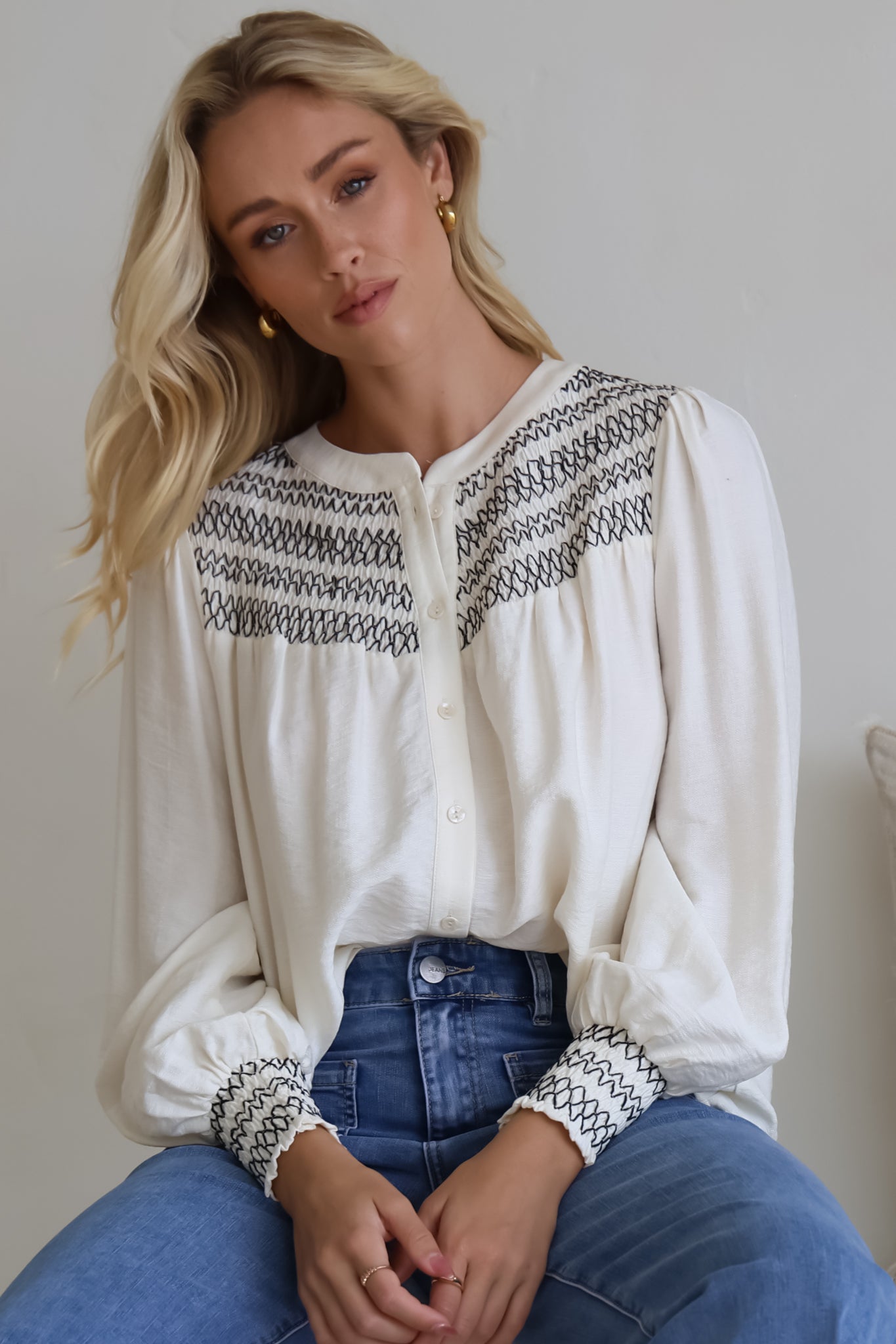 Leif Blouse - Mandarin Collar Button Down Blouse with Contrast Embroidering in Black