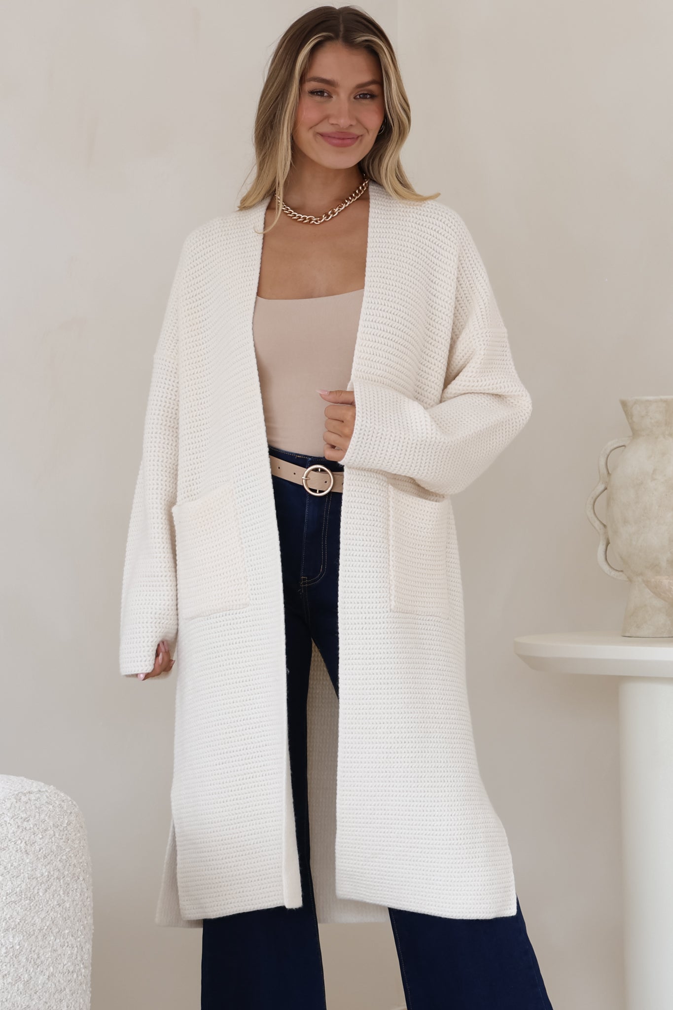 Levi Cardigan - Open Front Long Knit Cardigan with Pockets in Beige