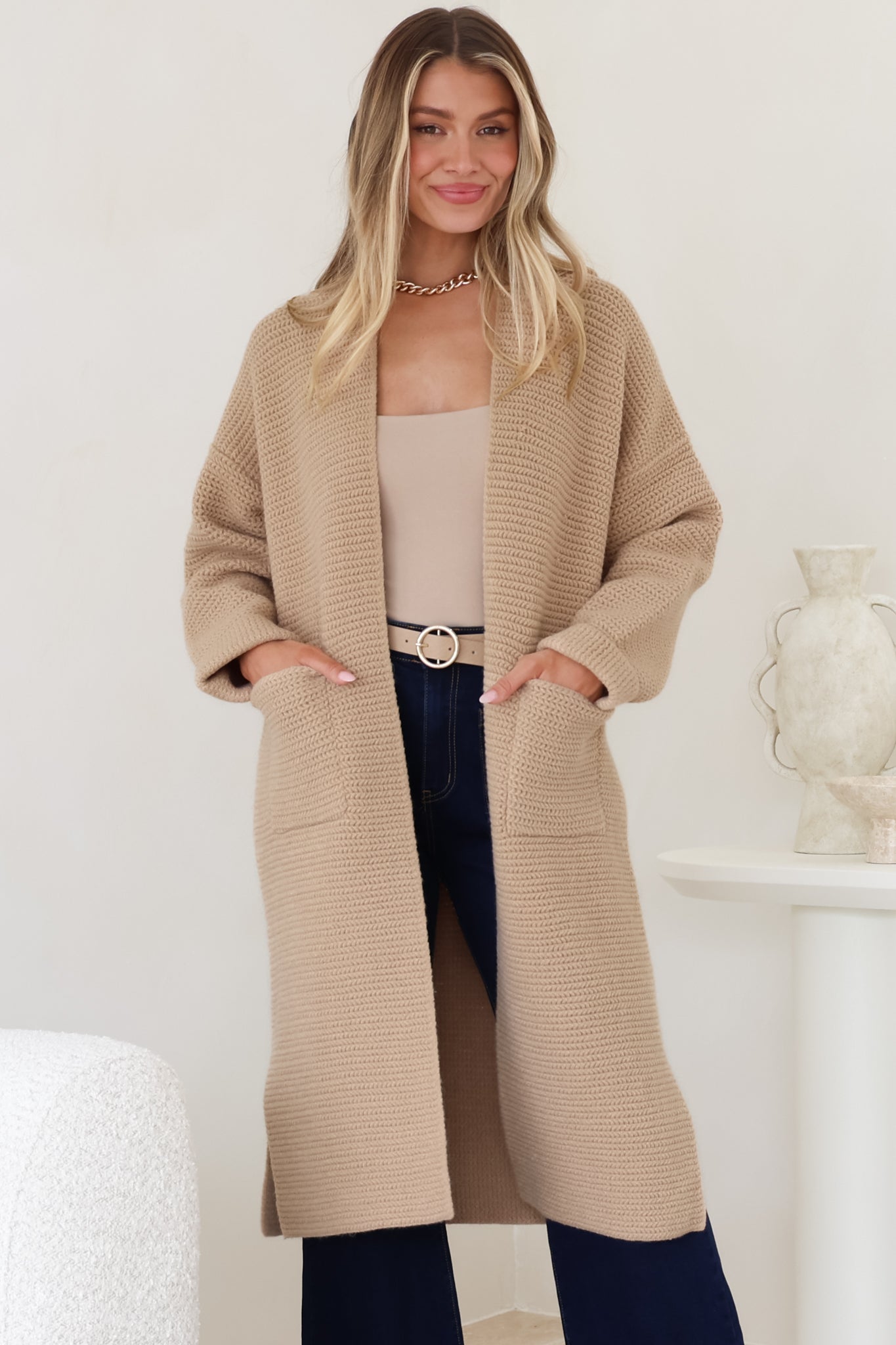 Levi Cardigan - Open Front Long Knit Cardigan with Pockets in Camel
