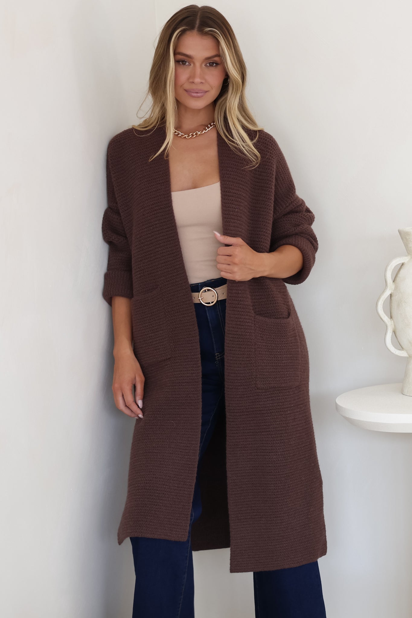 Levi Cardigan - Open Front Long Knit Cardigan with Pockets in Coffee