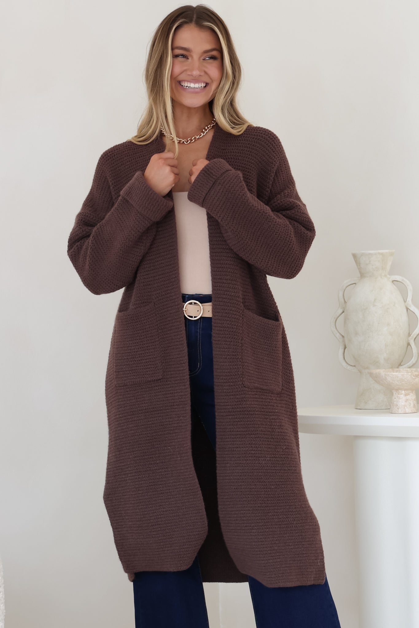Levi Cardigan - Open Front Long Knit Cardigan with Pockets in Coffee